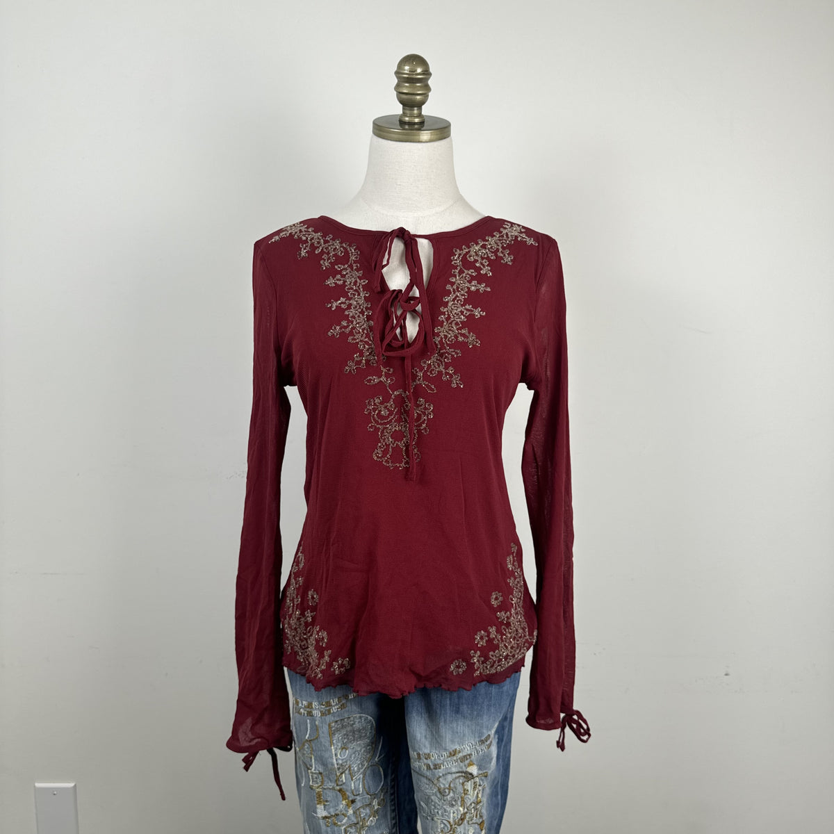 Vintage Etam Dark Red Mesh Bell Sleeve Top with Beaded Asian Design