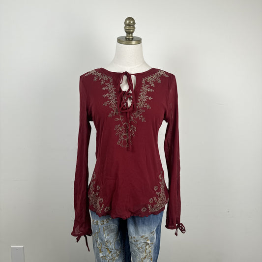 Vintage Etam Dark Red Mesh Bell Sleeve Top with Beaded Asian Design