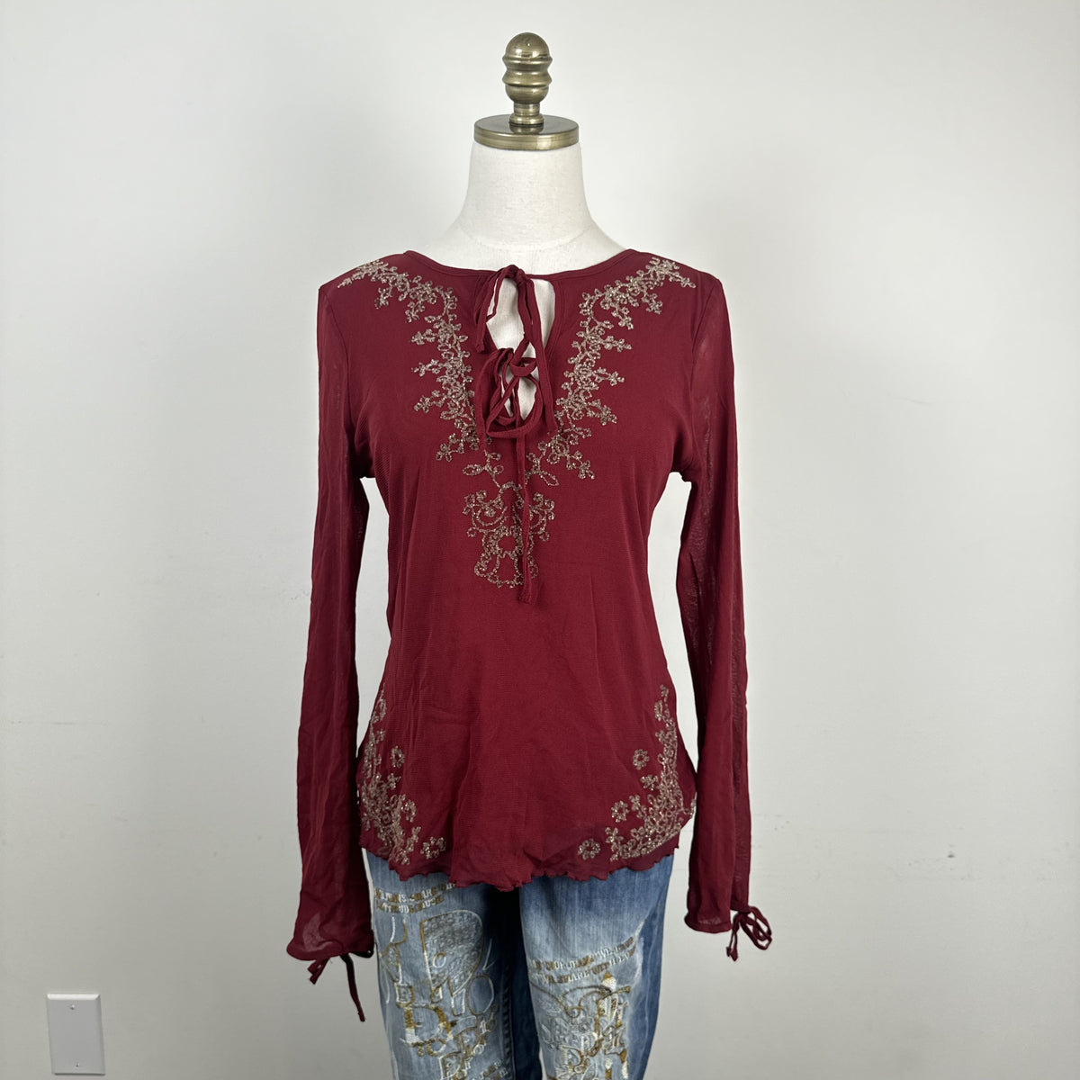 Vintage Etam Dark Red Mesh Bell Sleeve Top with Beaded Asian Design – view 2