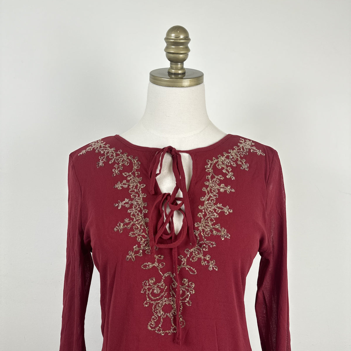 Vintage Etam Dark Red Mesh Bell Sleeve Top with Beaded Asian Design – view 7