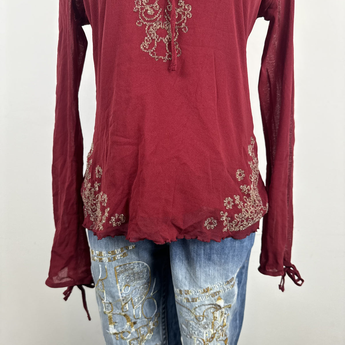 Vintage Etam Dark Red Mesh Bell Sleeve Top with Beaded Asian Design – view 3
