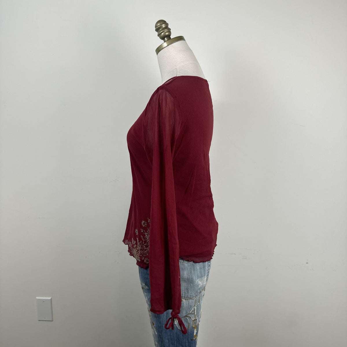 Vintage Etam Dark Red Mesh Bell Sleeve Top with Beaded Asian Design – view 4