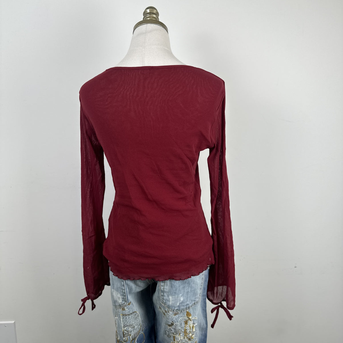 Vintage Etam Dark Red Mesh Bell Sleeve Top with Beaded Asian Design – view 5