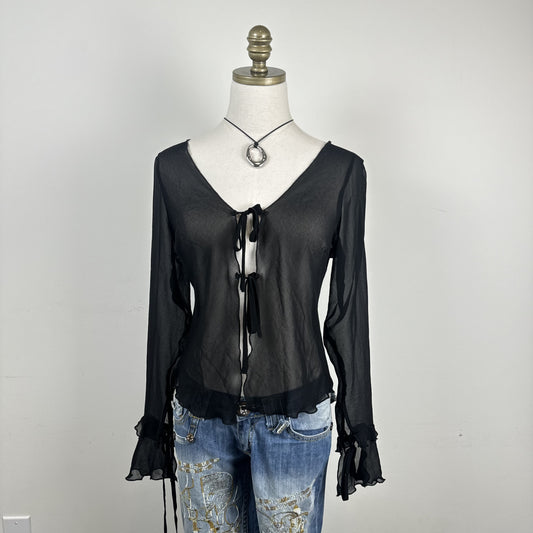 Black Chiffon Silk Tie Up Bell Sleeve Top