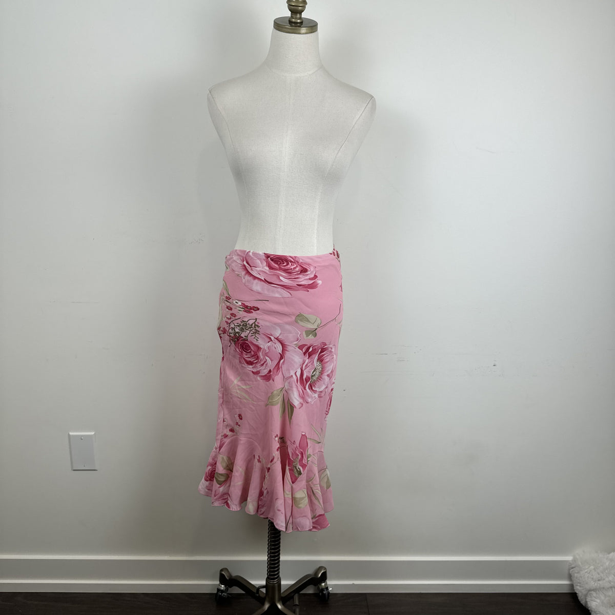 Y2K Pink Floral Mesh Overlay Mermaid Midi Skirt – view 3