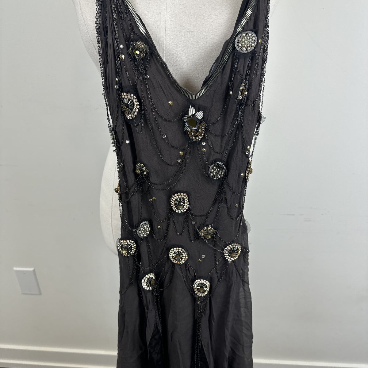Vintage Jenny Packham Purple Taupe Silk Chiffon Fairy Pixie Cut Dress – view 8