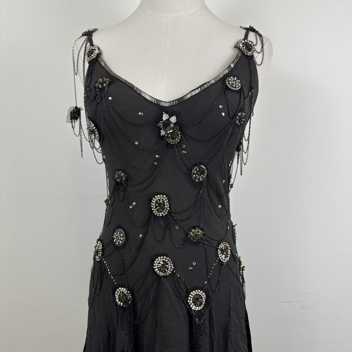 Vintage Jenny Packham Purple Taupe Silk Chiffon Fairy Pixie Cut Dress – view 3