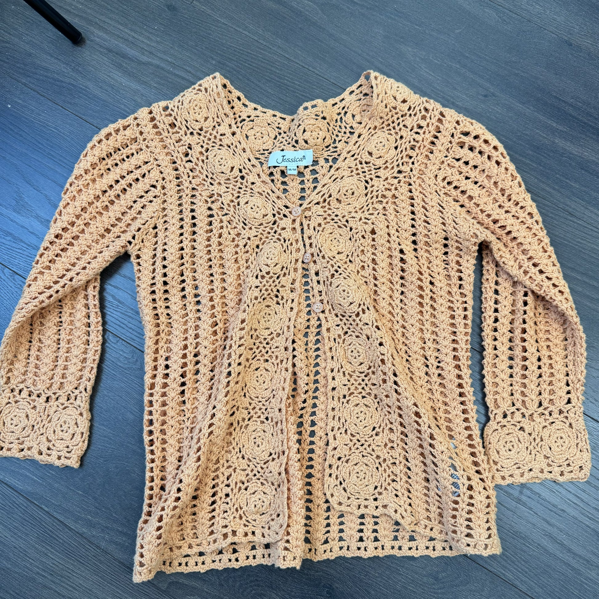 Pale Orange Open Knit Crochet Button Up Cardigan – view 9