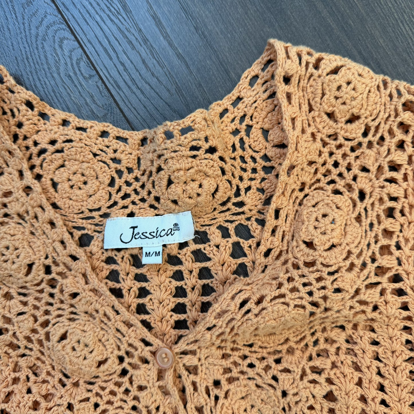Pale Orange Open Knit Crochet Button Up Cardigan – view 10