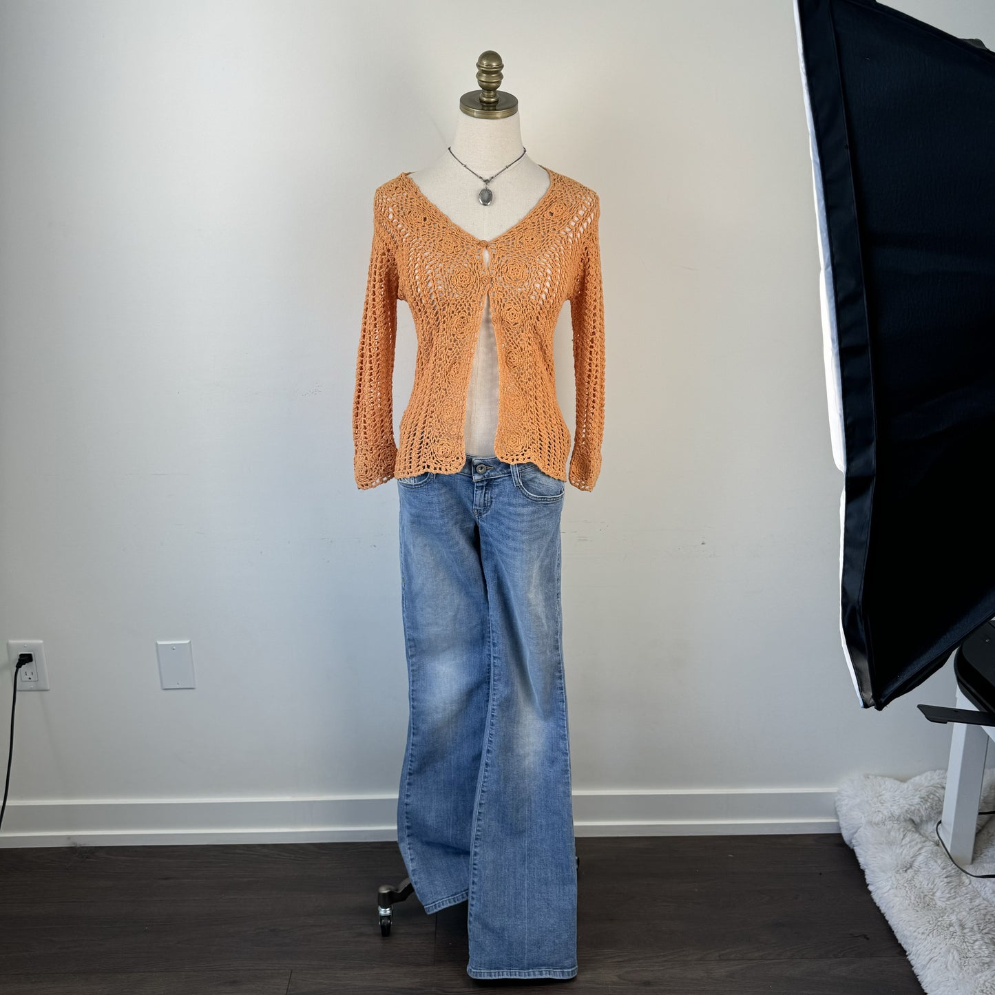 Pale Orange Open Knit Crochet Button Up Cardigan – view 2