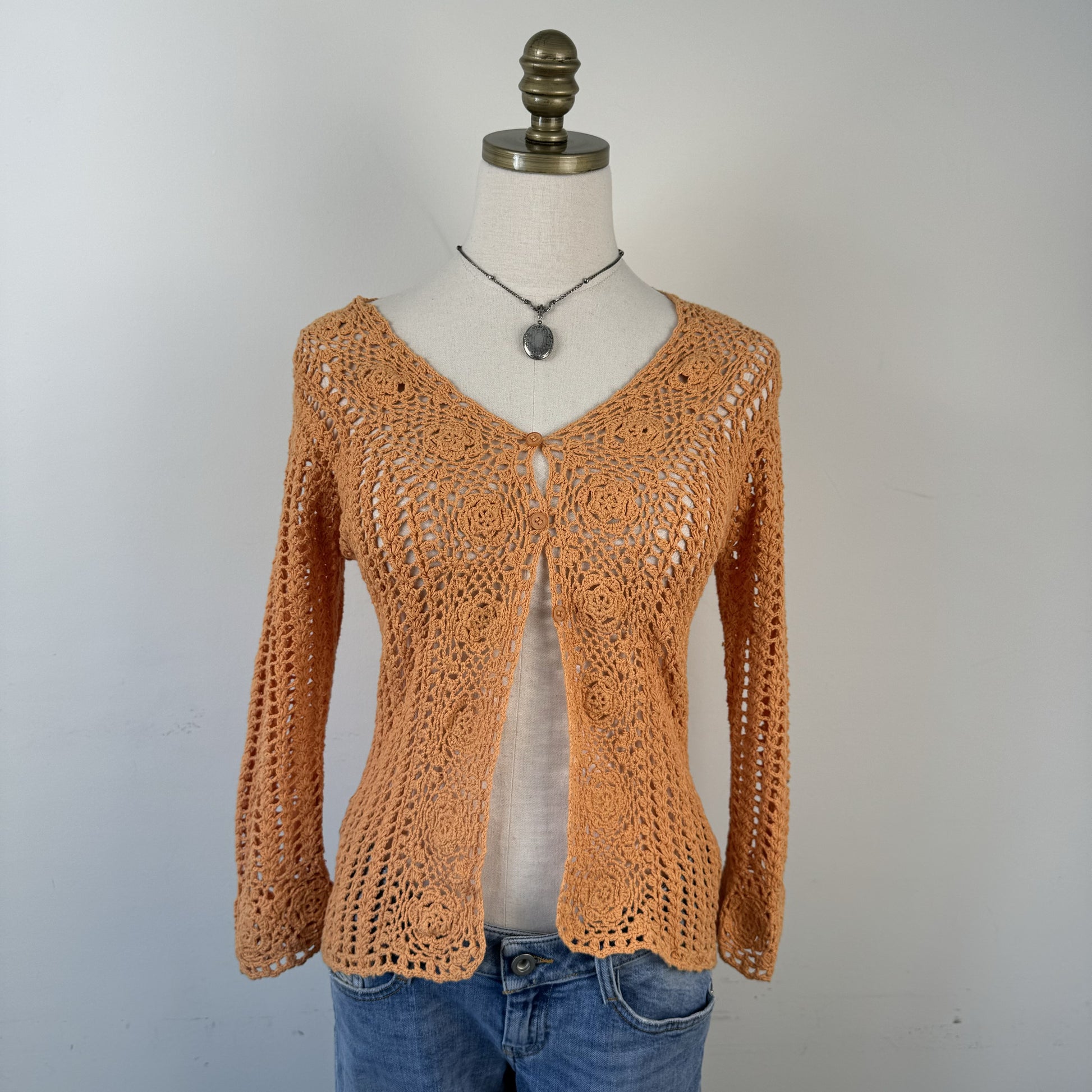 Pale Orange Open Knit Crochet Button Up Cardigan – view 3