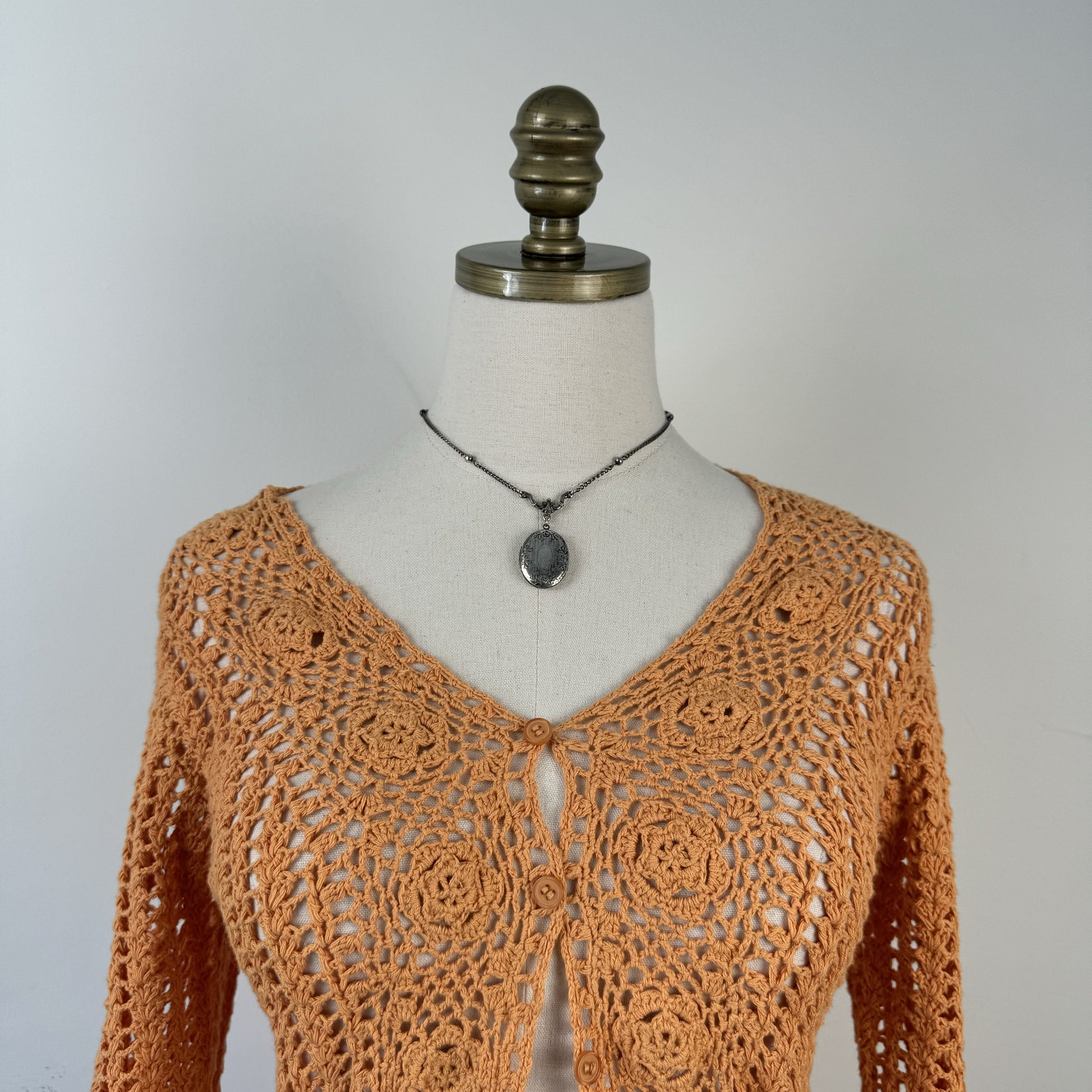 Pale Orange Open Knit Crochet Button Up Cardigan – view 4