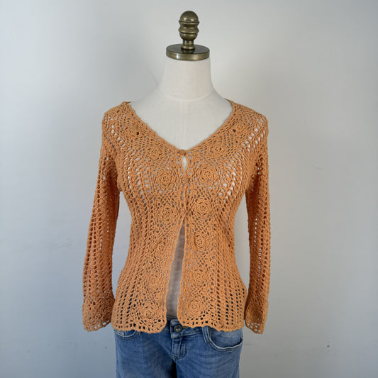 Pale Orange Open Knit Crochet Button Up Cardigan – view 1