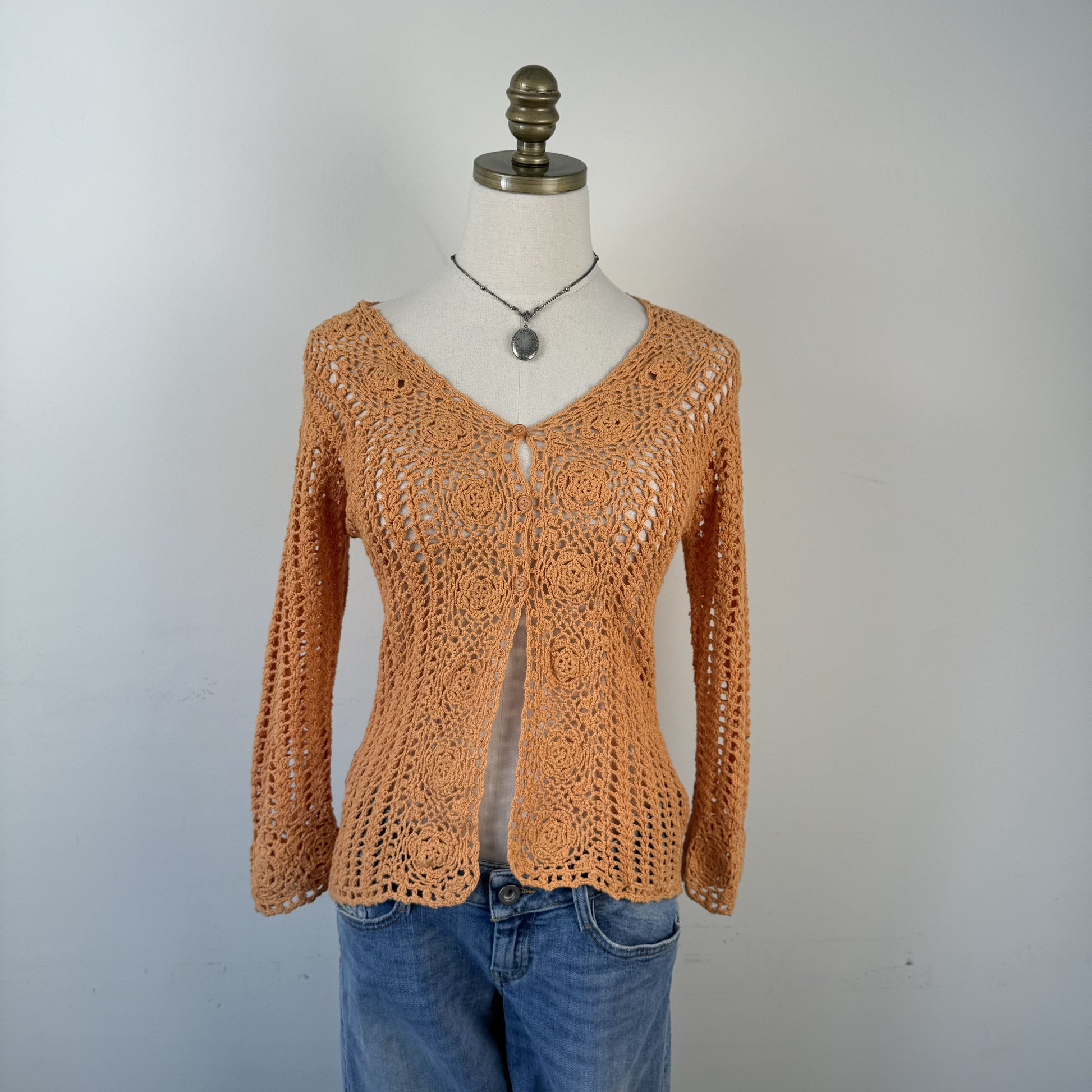 Pale Orange Open Knit Crochet Button Up Cardigan – view 5
