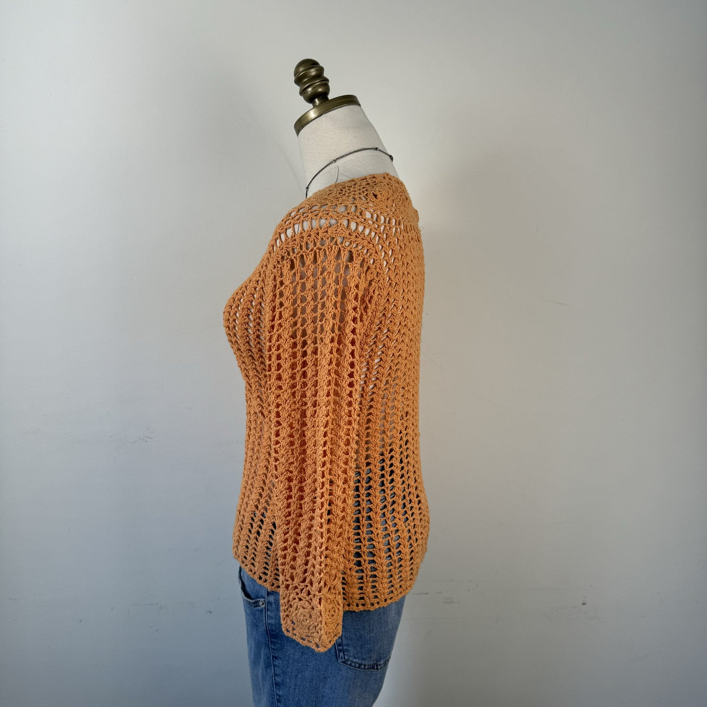 Pale Orange Open Knit Crochet Button Up Cardigan – view 6