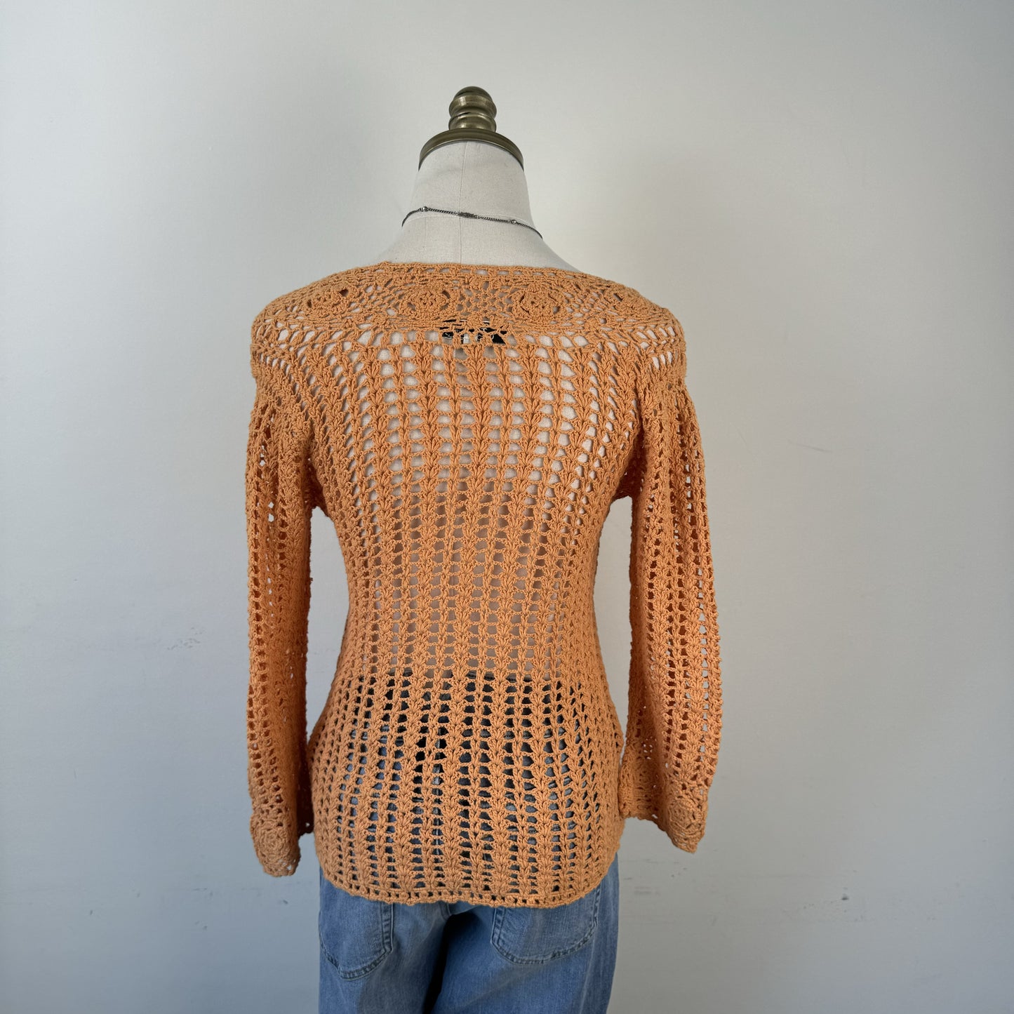 Pale Orange Open Knit Crochet Button Up Cardigan – view 7