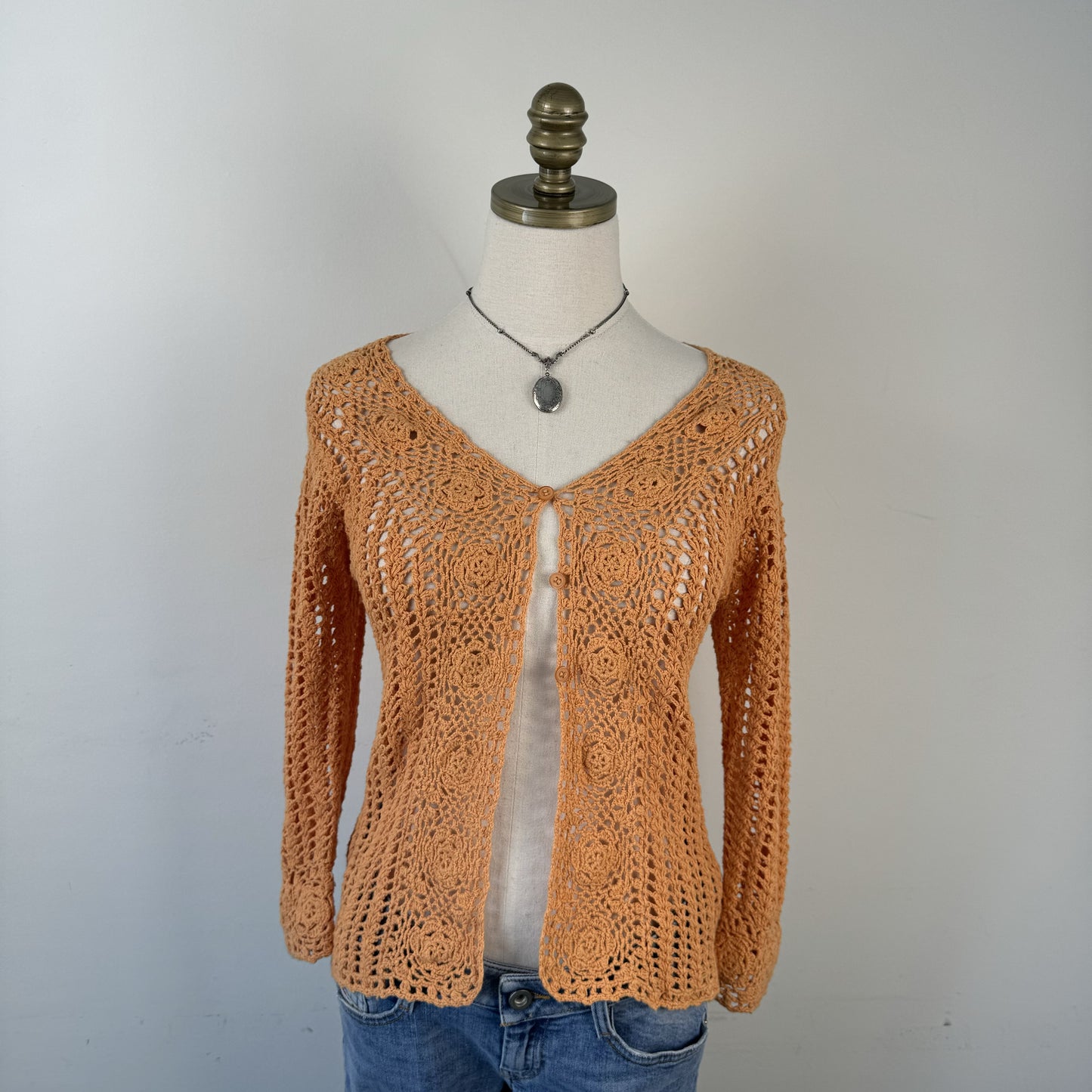 Pale Orange Open Knit Crochet Button Up Cardigan – view 8