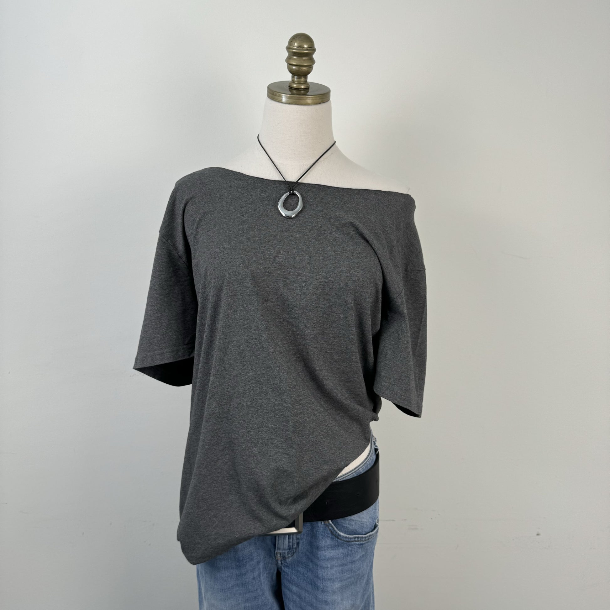 Dark Grey Oversized Off Shoulder Top – view 5