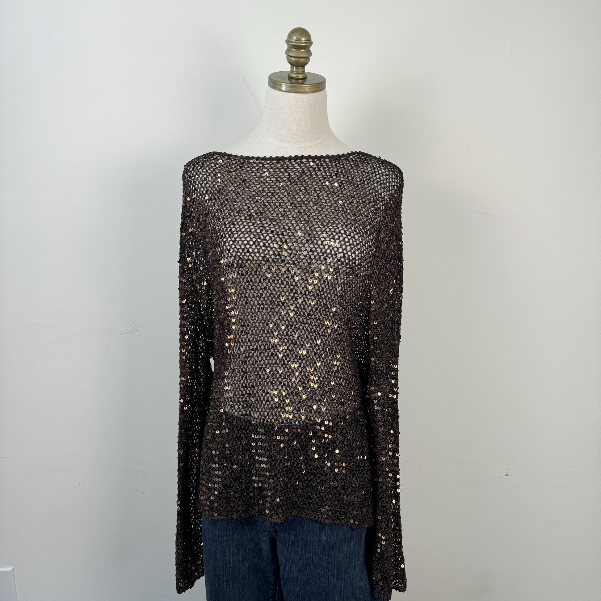 Vintage Brown Sequin Open Knit Off Shoulder Sweater – view 2