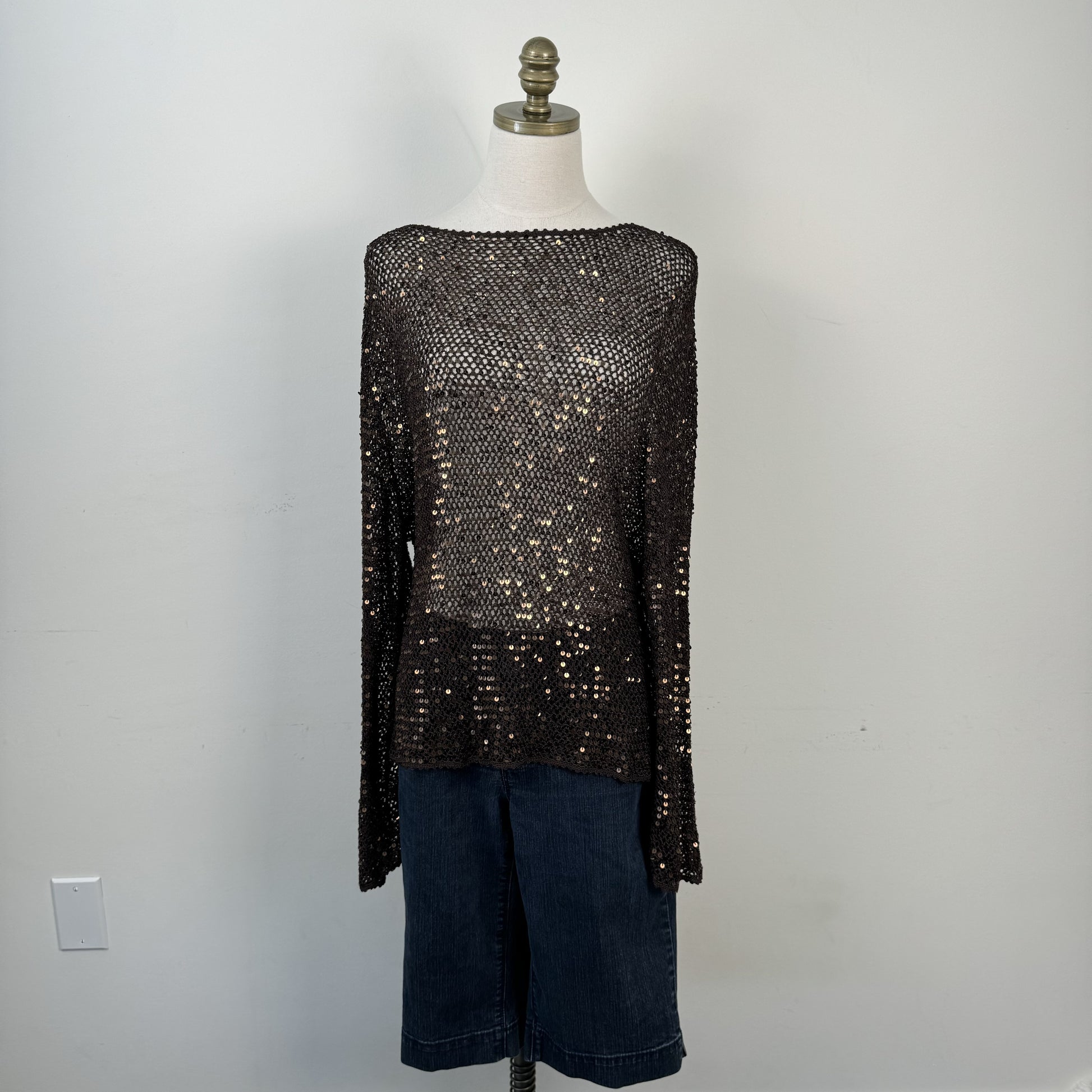 Vintage Brown Sequin Open Knit Off Shoulder Sweater – view 1