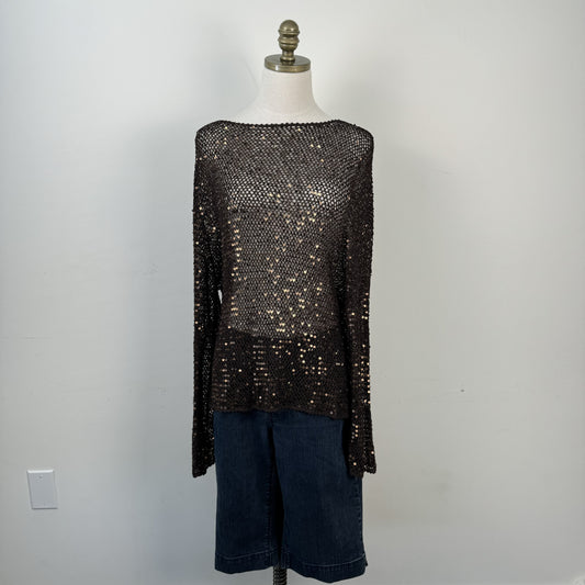 Vintage Brown Sequin Open Knit Off Shoulder Sweater – view 1