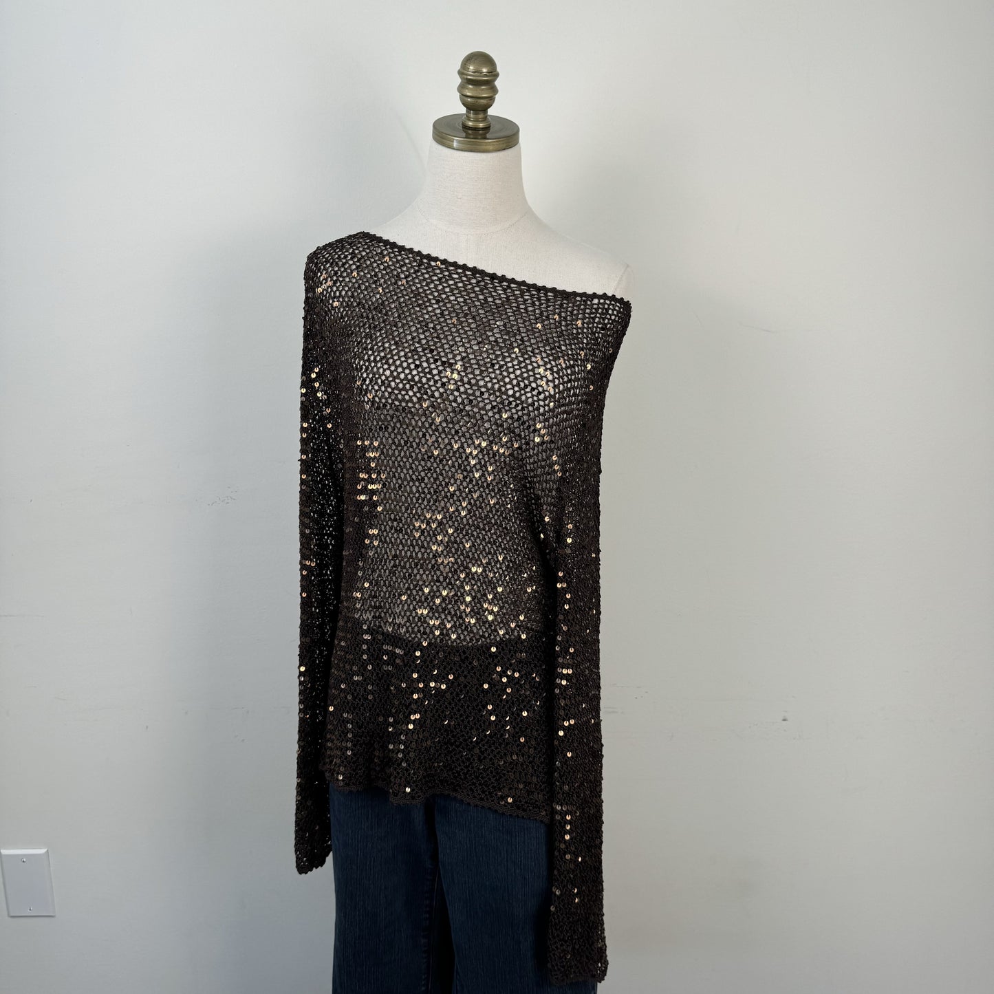 Vintage Brown Sequin Open Knit Off Shoulder Sweater – view 3