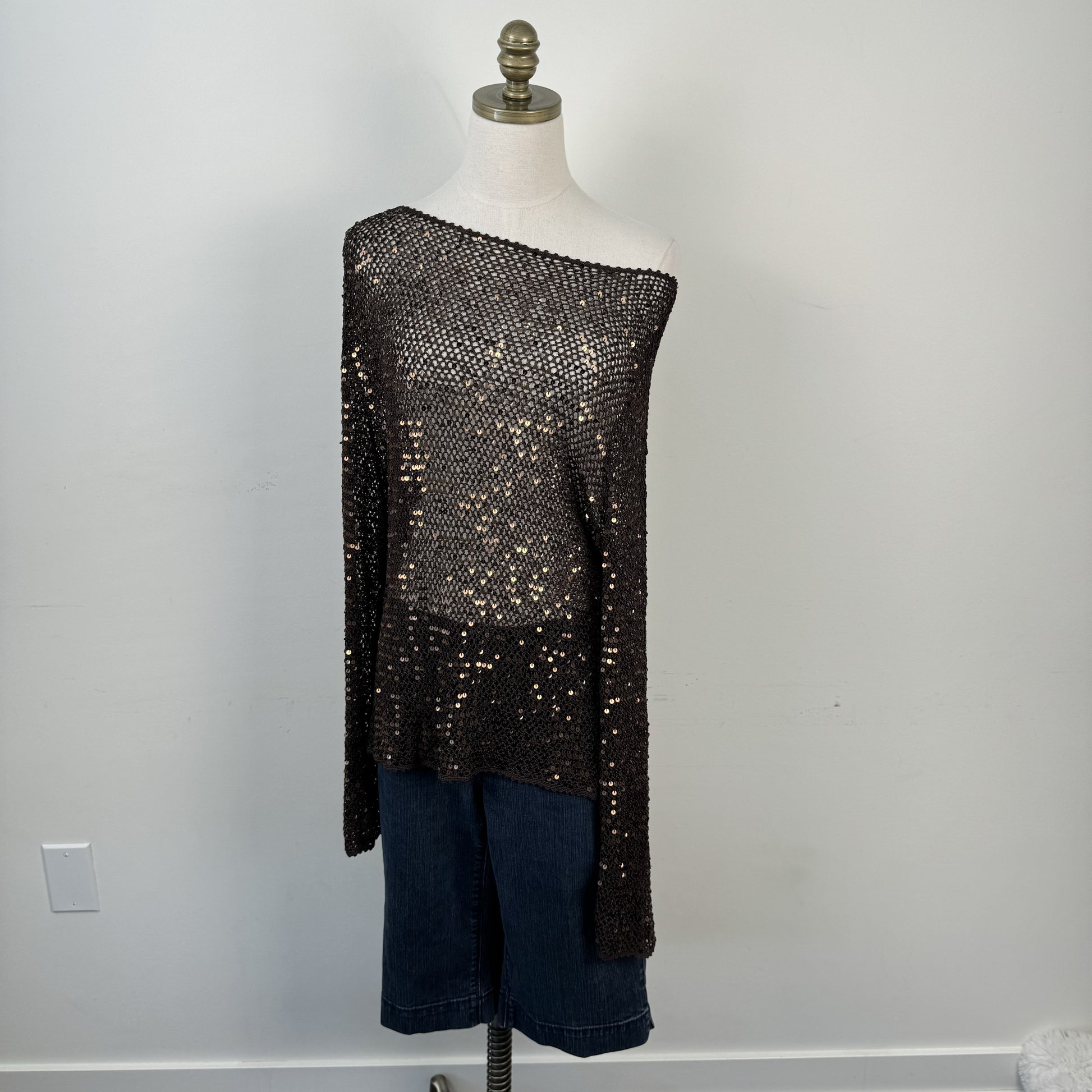 Vintage Brown Sequin Open Knit Off Shoulder Sweater – view 4