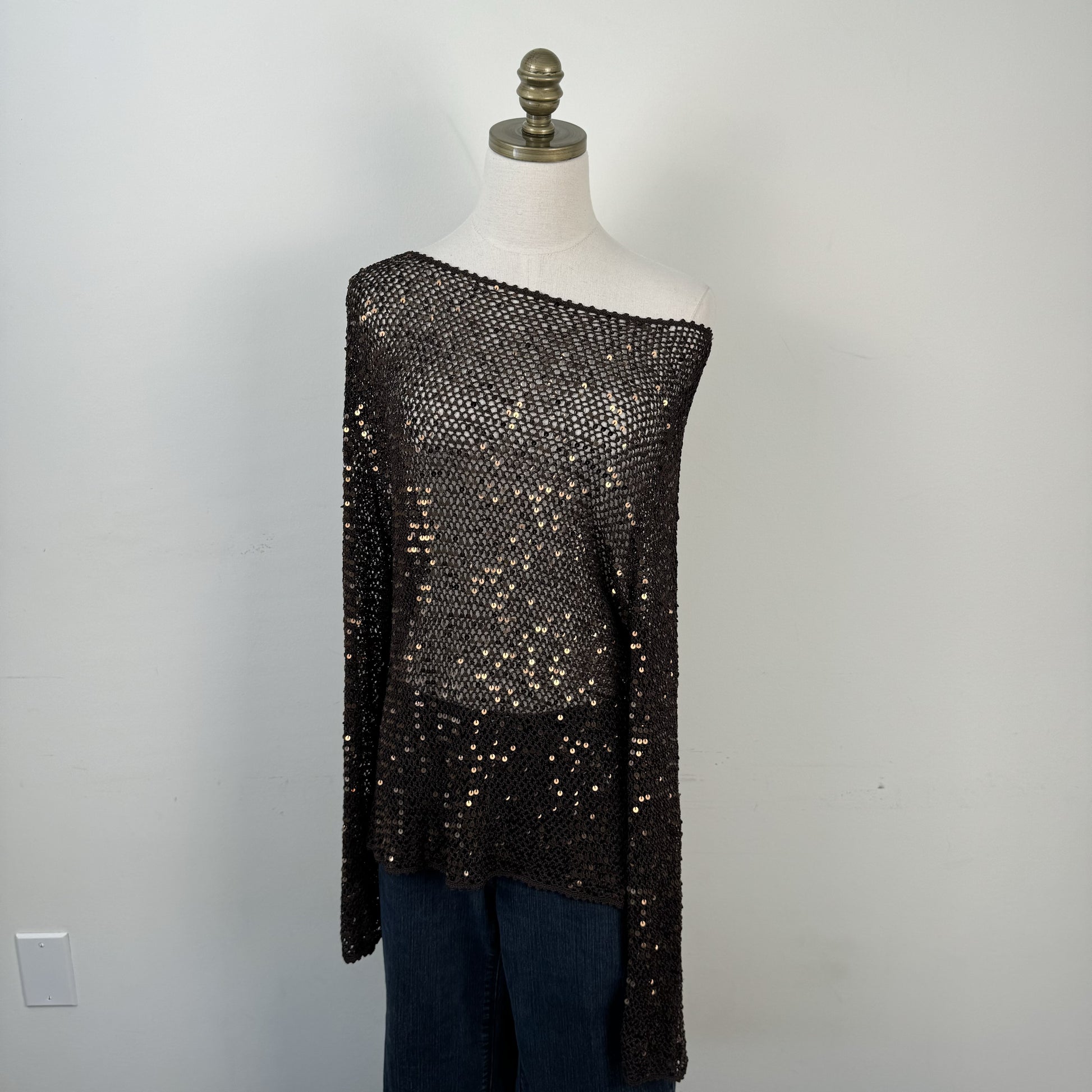 Vintage Brown Sequin Open Knit Off Shoulder Sweater – view 5