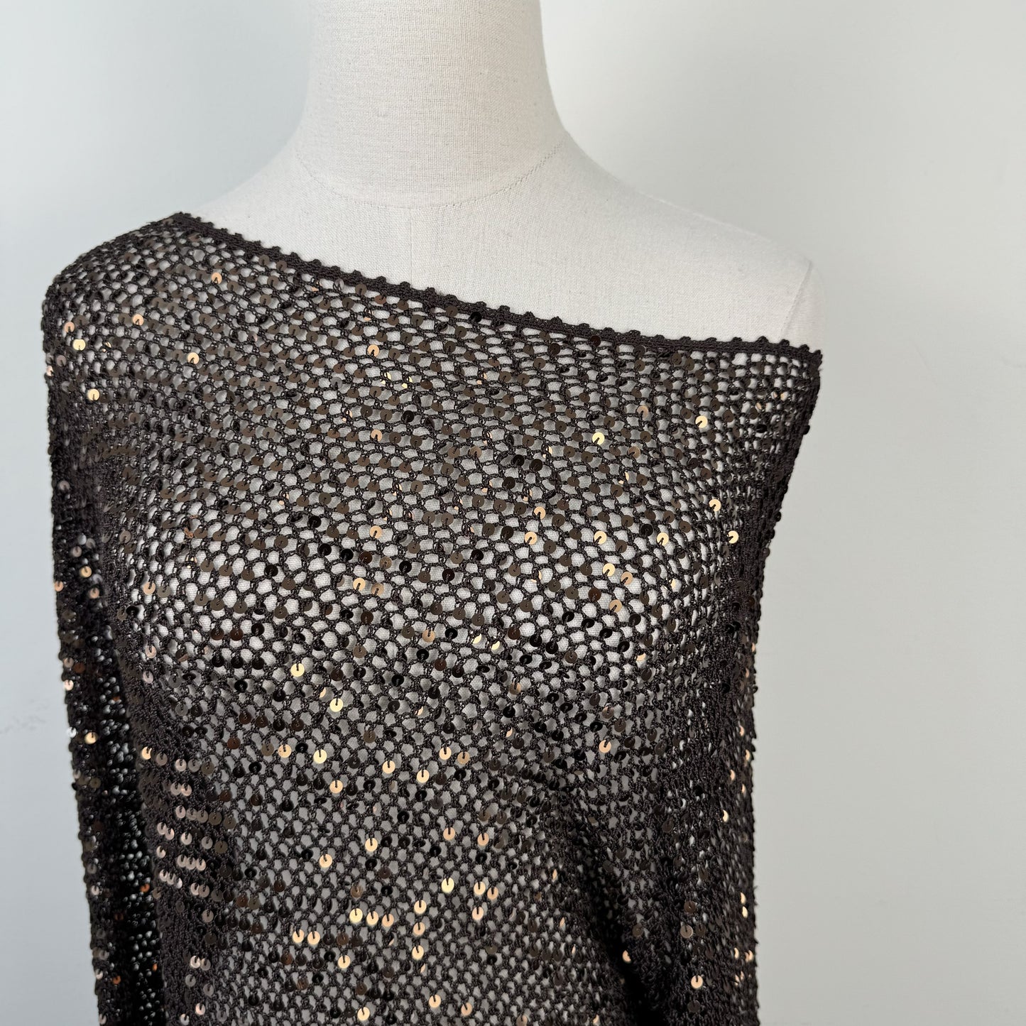 Vintage Brown Sequin Open Knit Off Shoulder Sweater – view 6