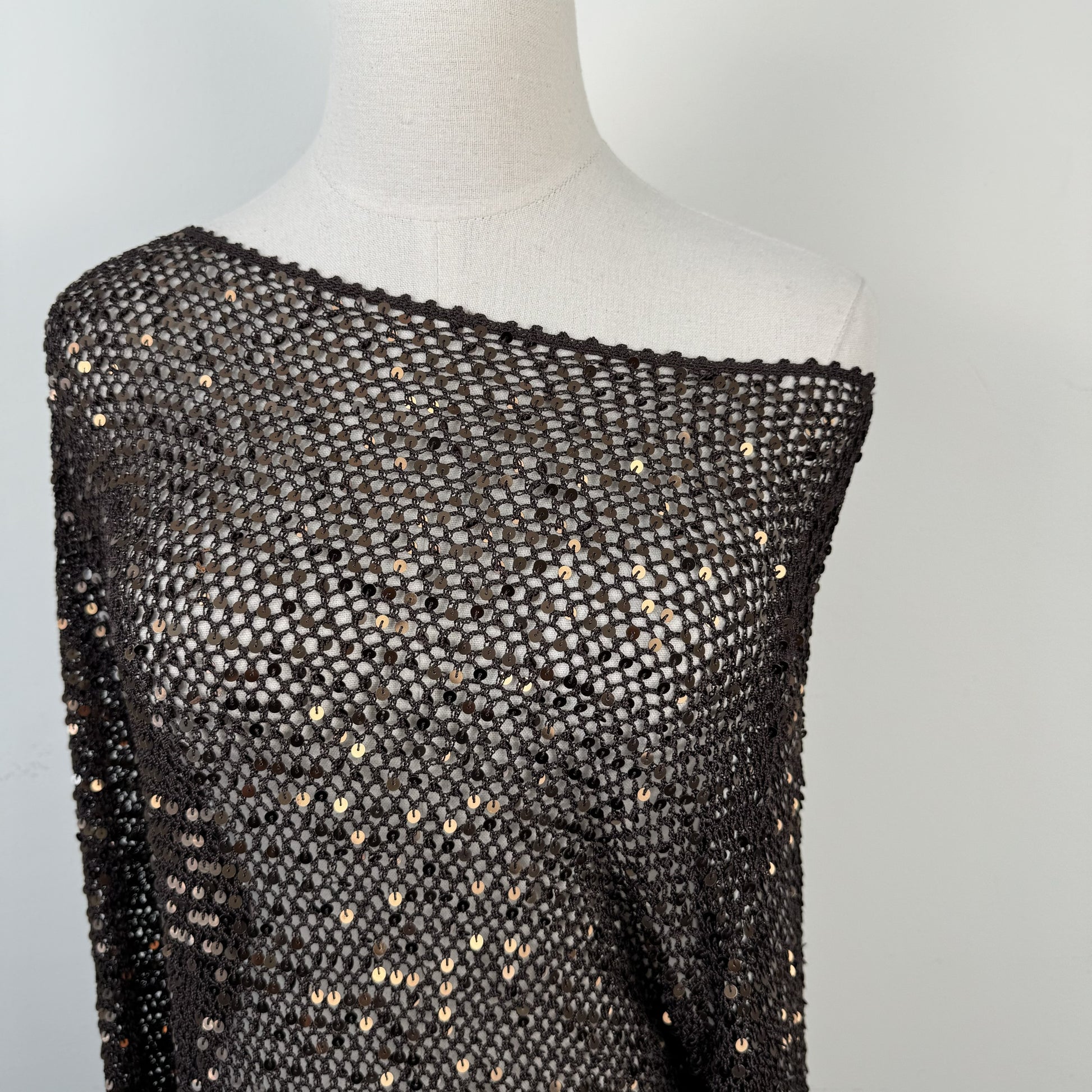 Vintage Brown Sequin Open Knit Off Shoulder Sweater – view 6