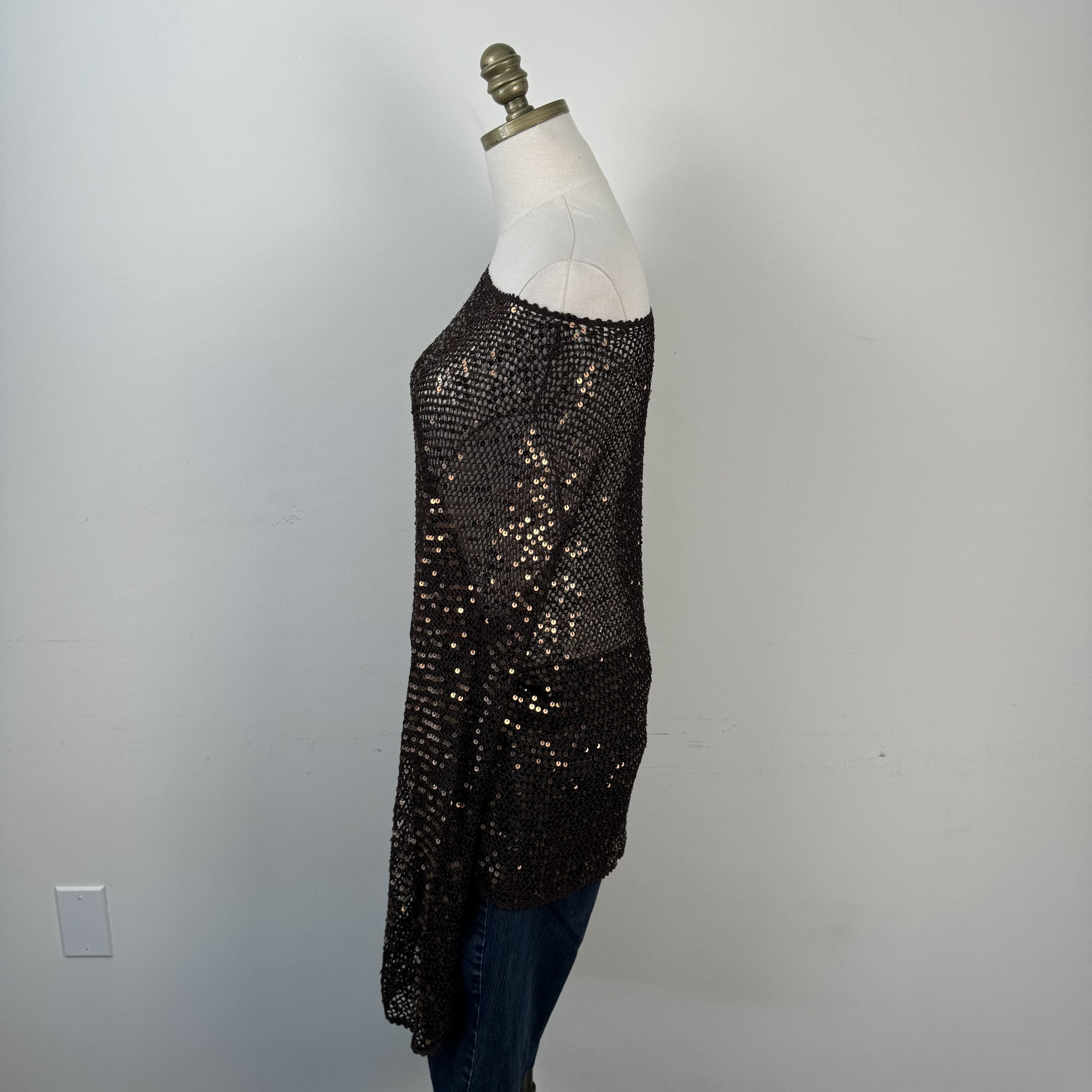 Vintage Brown Sequin Open Knit Off Shoulder Sweater – view 7