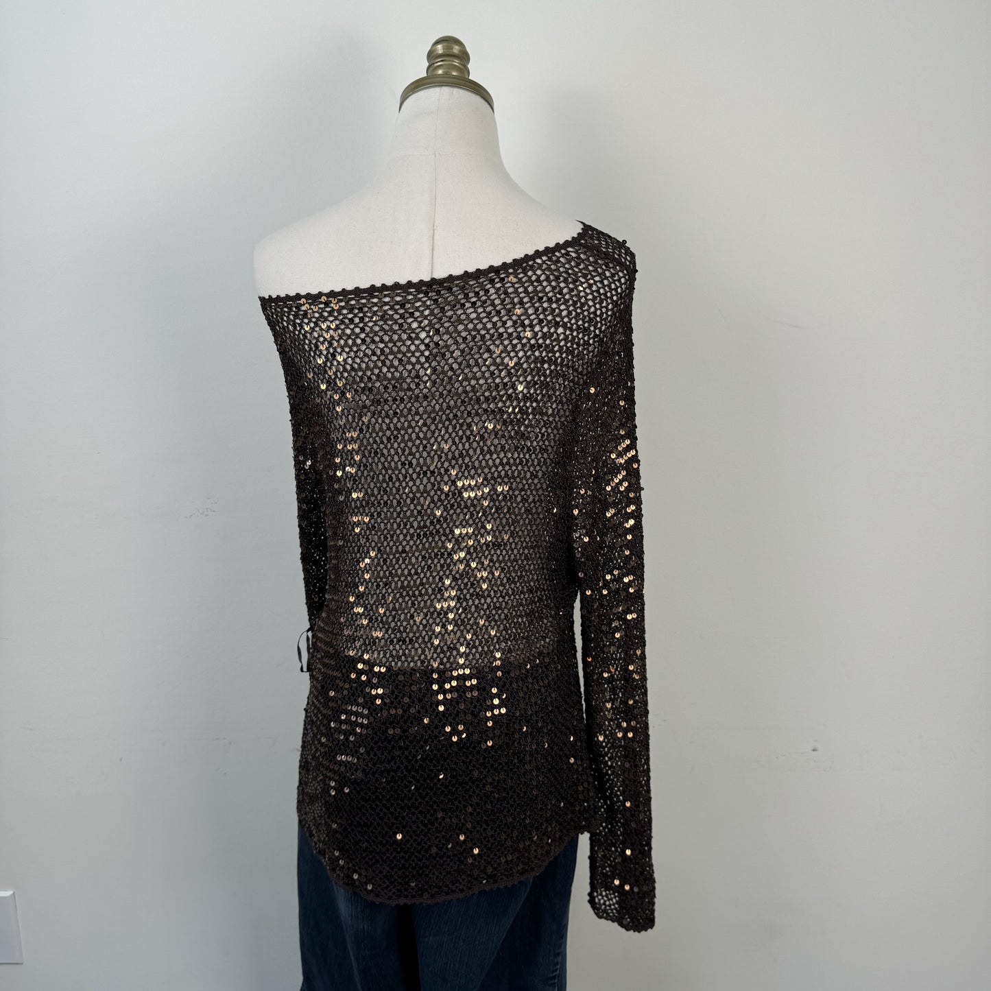 Vintage Brown Sequin Open Knit Off Shoulder Sweater – view 8