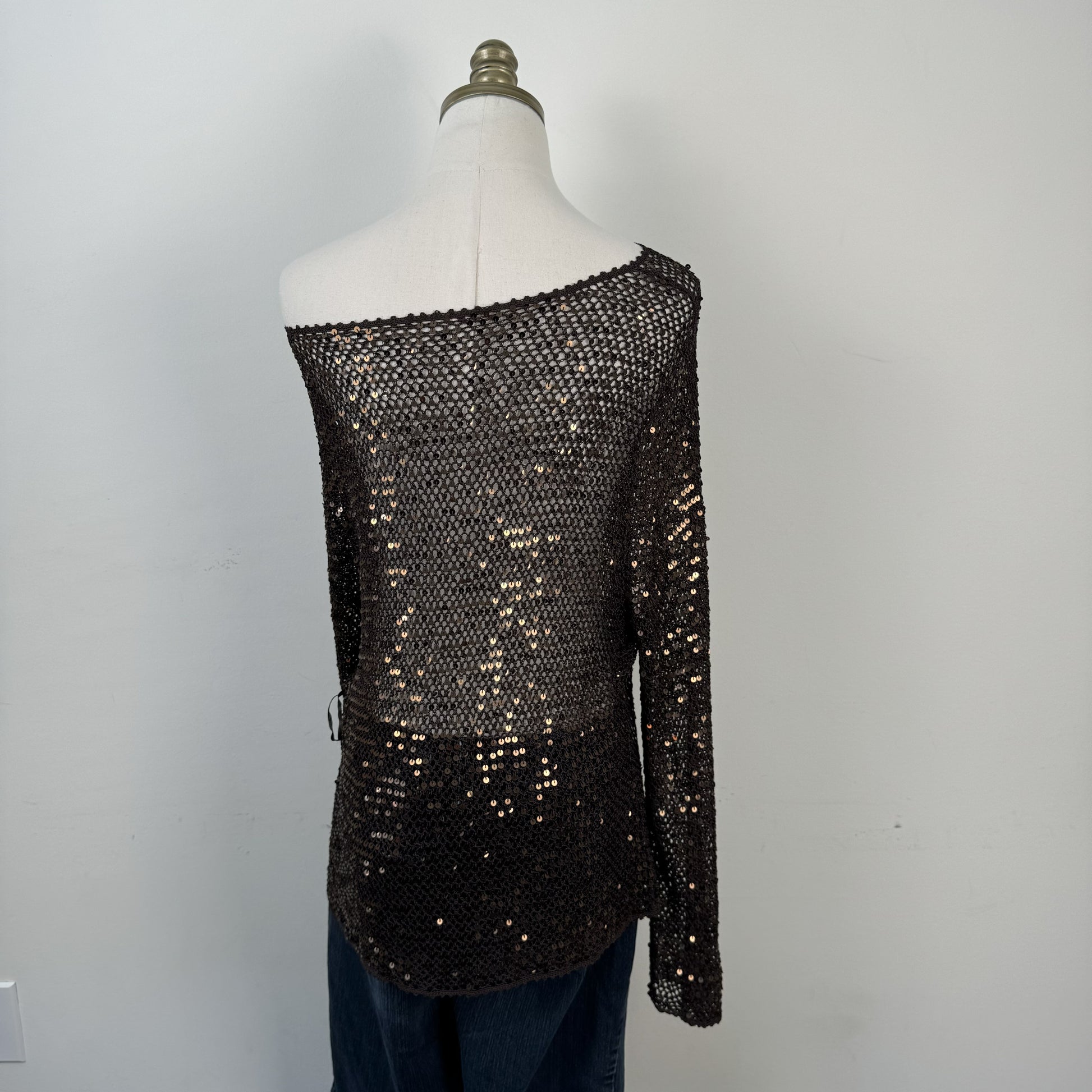 Vintage Brown Sequin Open Knit Off Shoulder Sweater – view 8