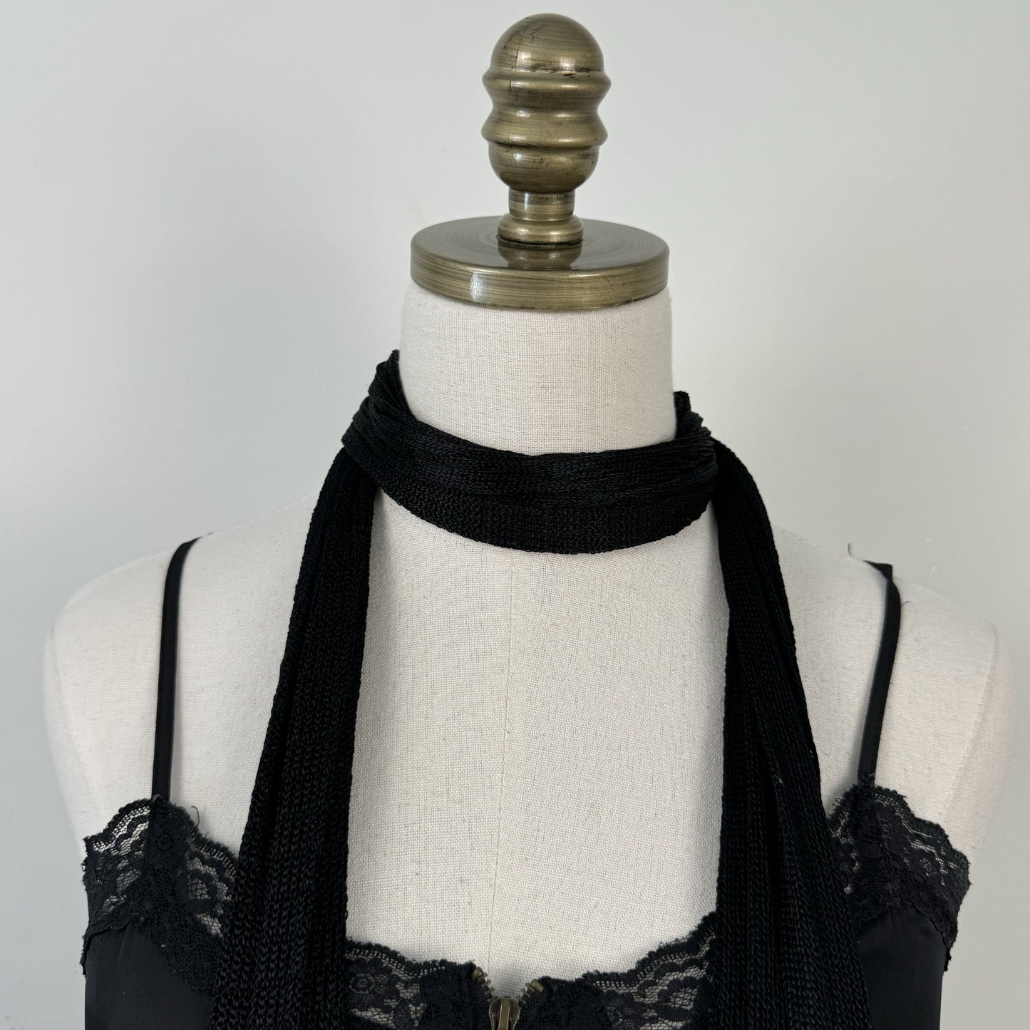 Black Fringe Open Knit Skinny Scarf – view 2