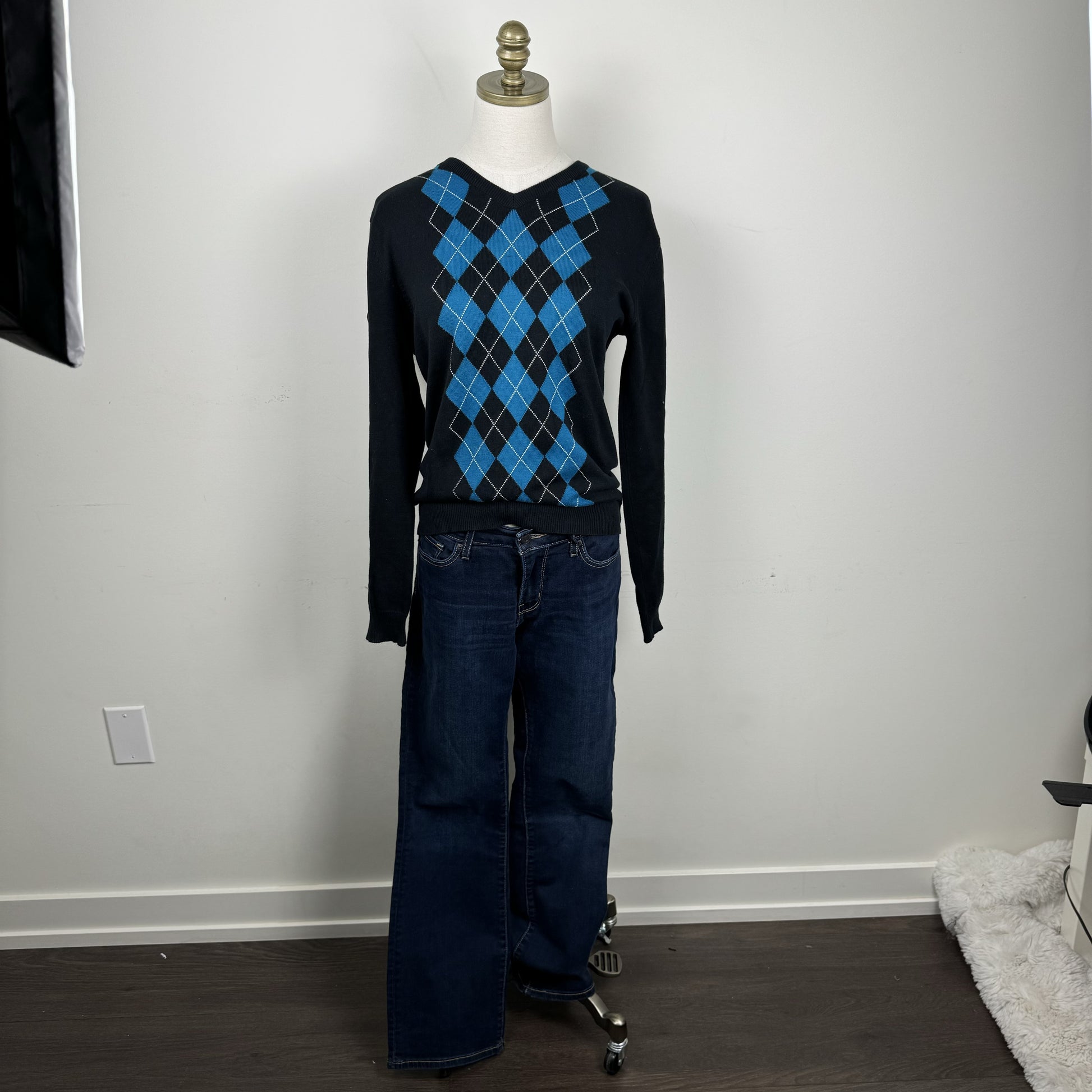 Black Teal Argyle Knit Sweater – view 4