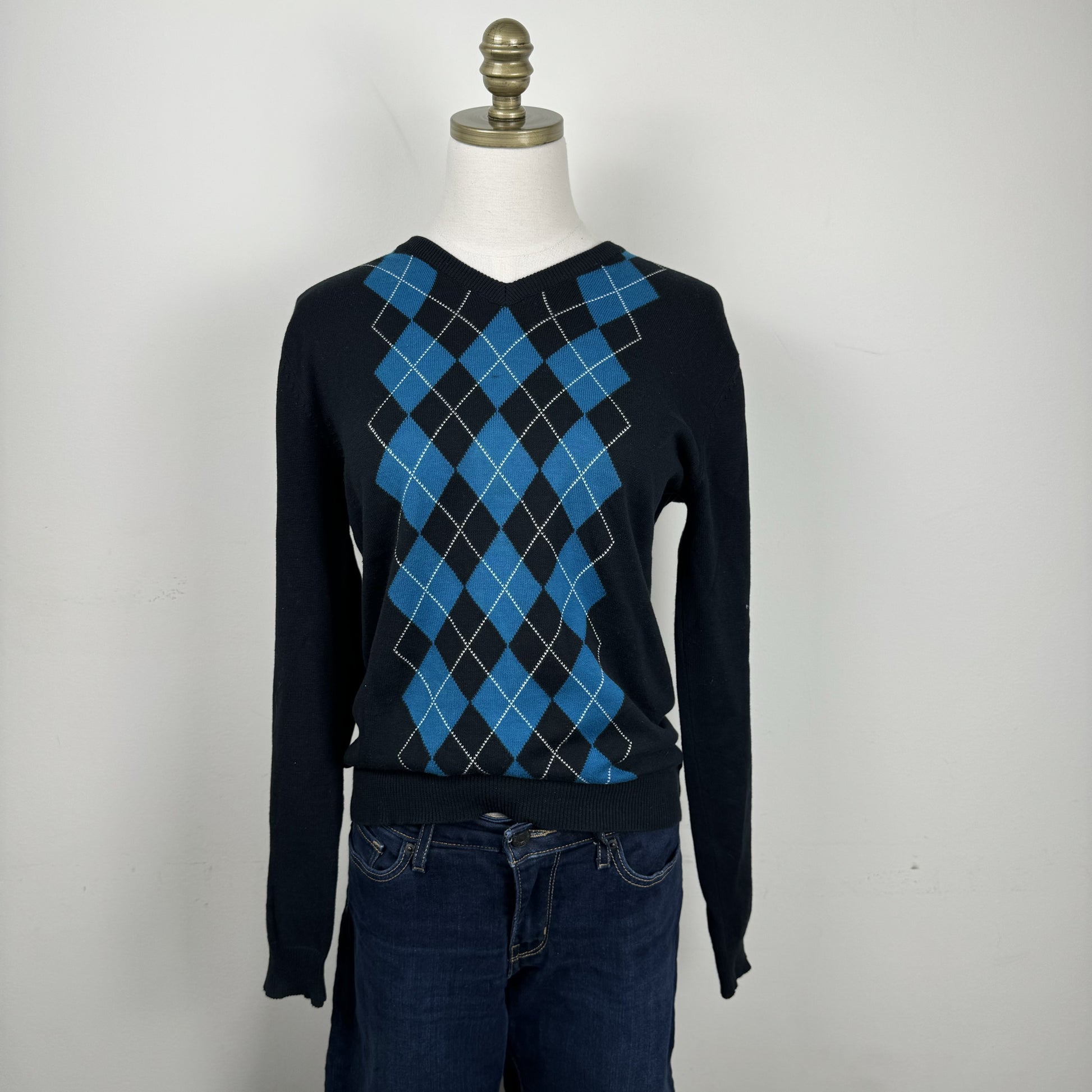 Black Teal Argyle Knit Sweater – view 5