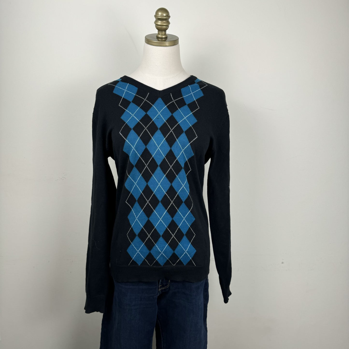 Black Teal Argyle Knit Sweater – view 6