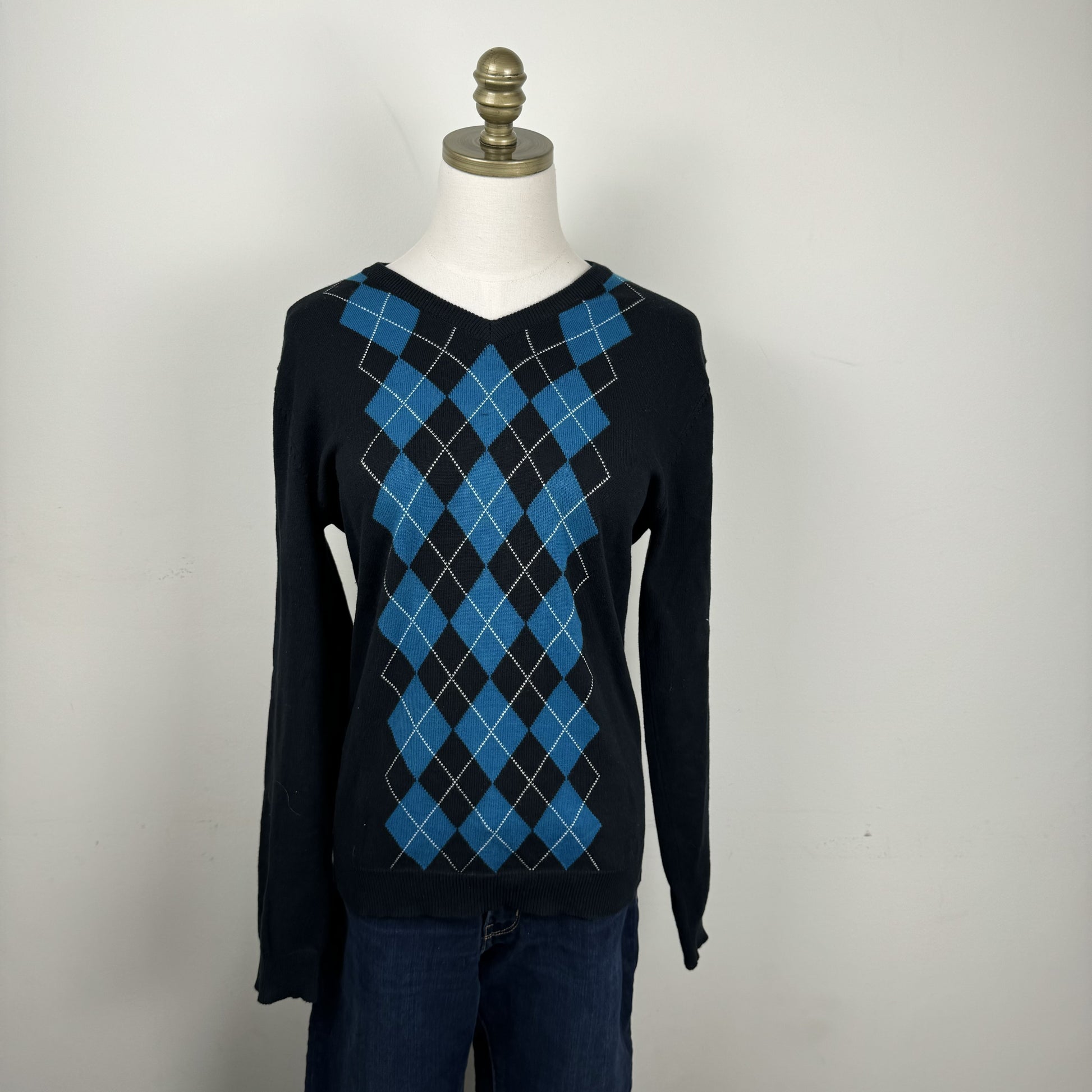 Black Teal Argyle Knit Sweater – view 1