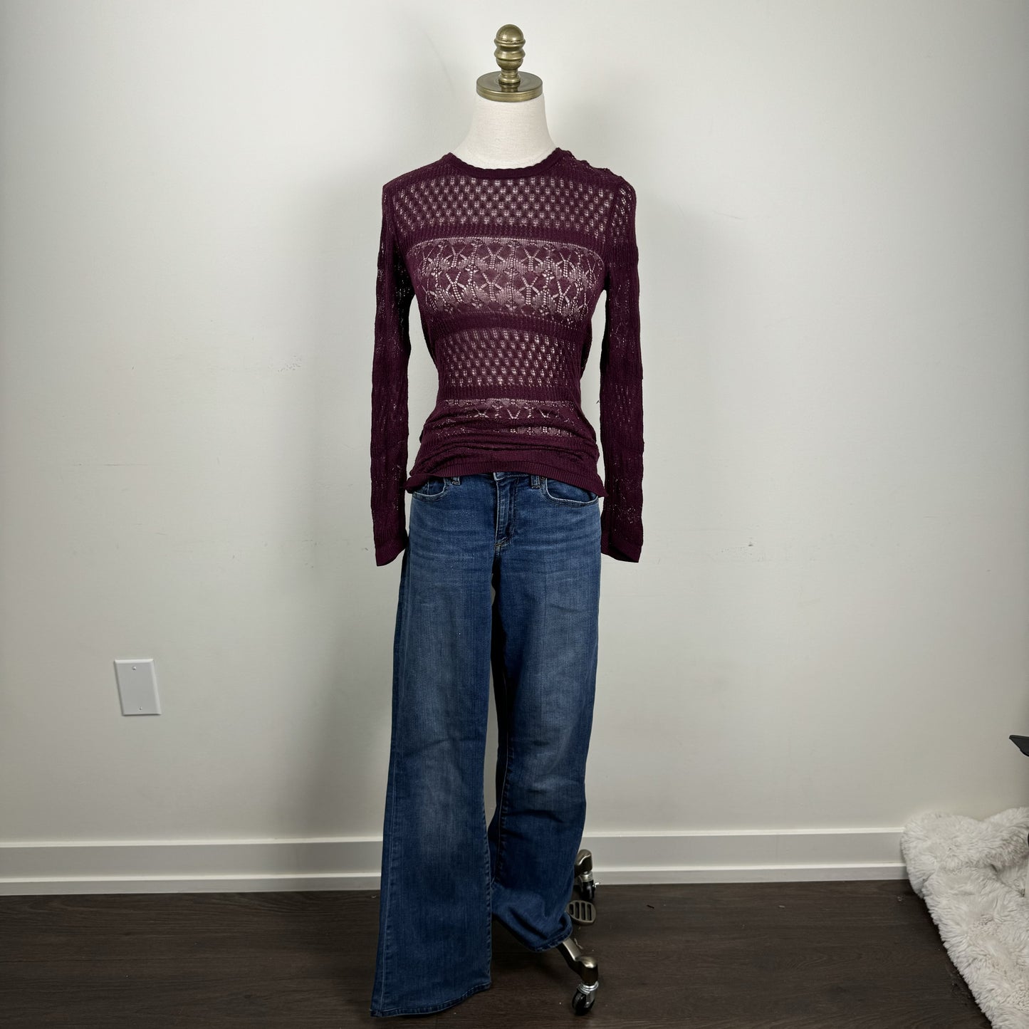 Burgundy Open Knit Semi Sheer Thin Sweater – view 4
