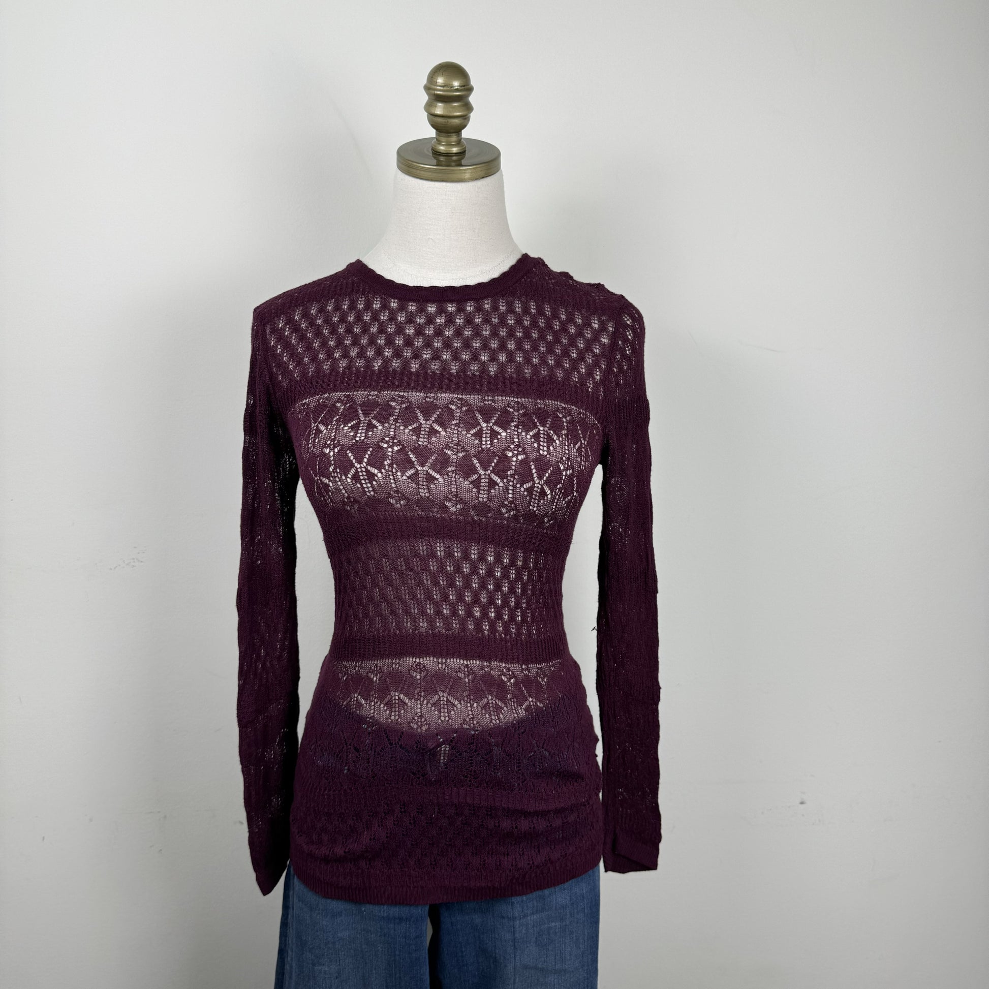 Burgundy Open Knit Semi Sheer Thin Sweater – view 1