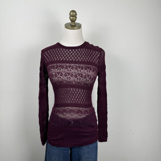 Burgundy Open Knit Semi Sheer Thin Sweater – view 1