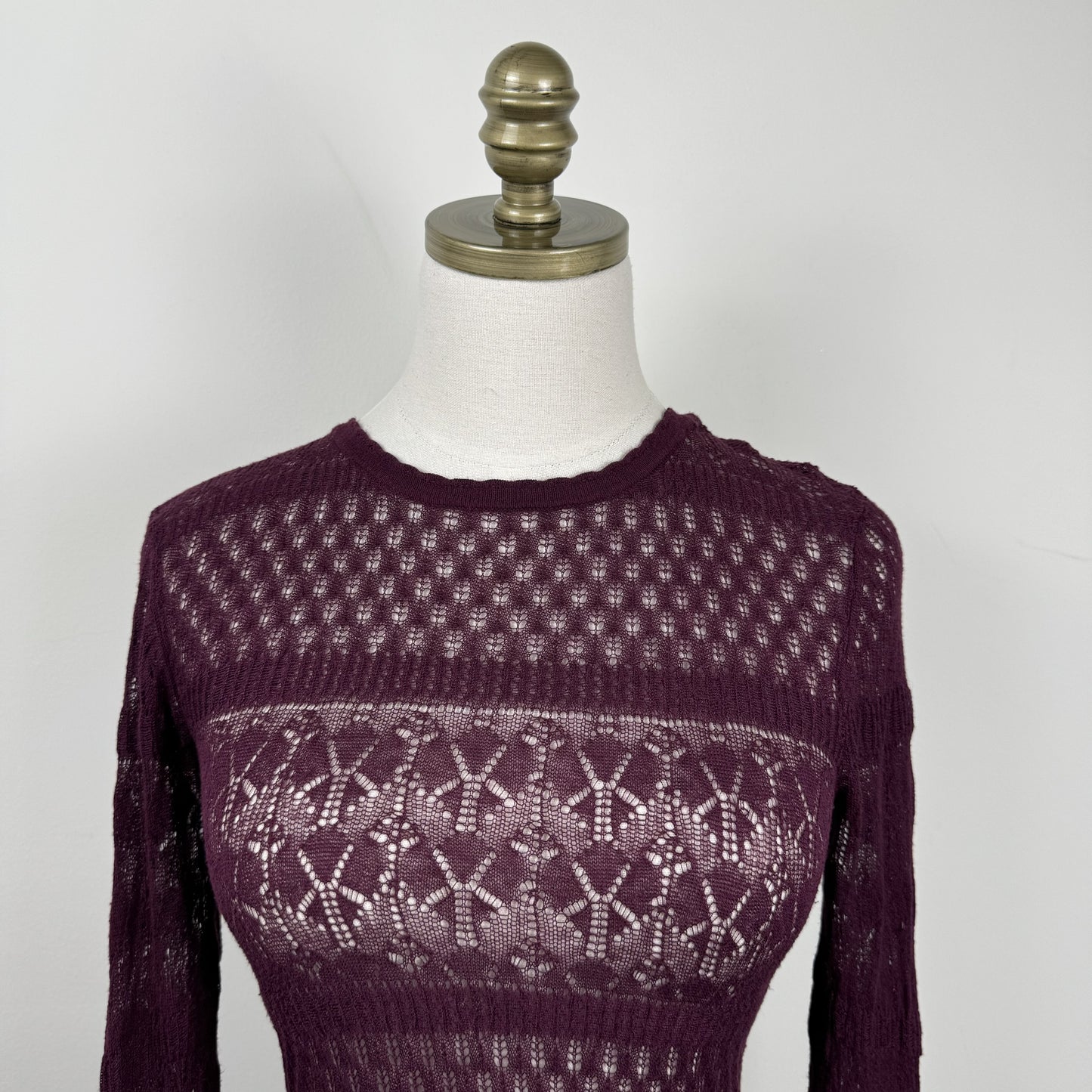Burgundy Open Knit Semi Sheer Thin Sweater – view 5