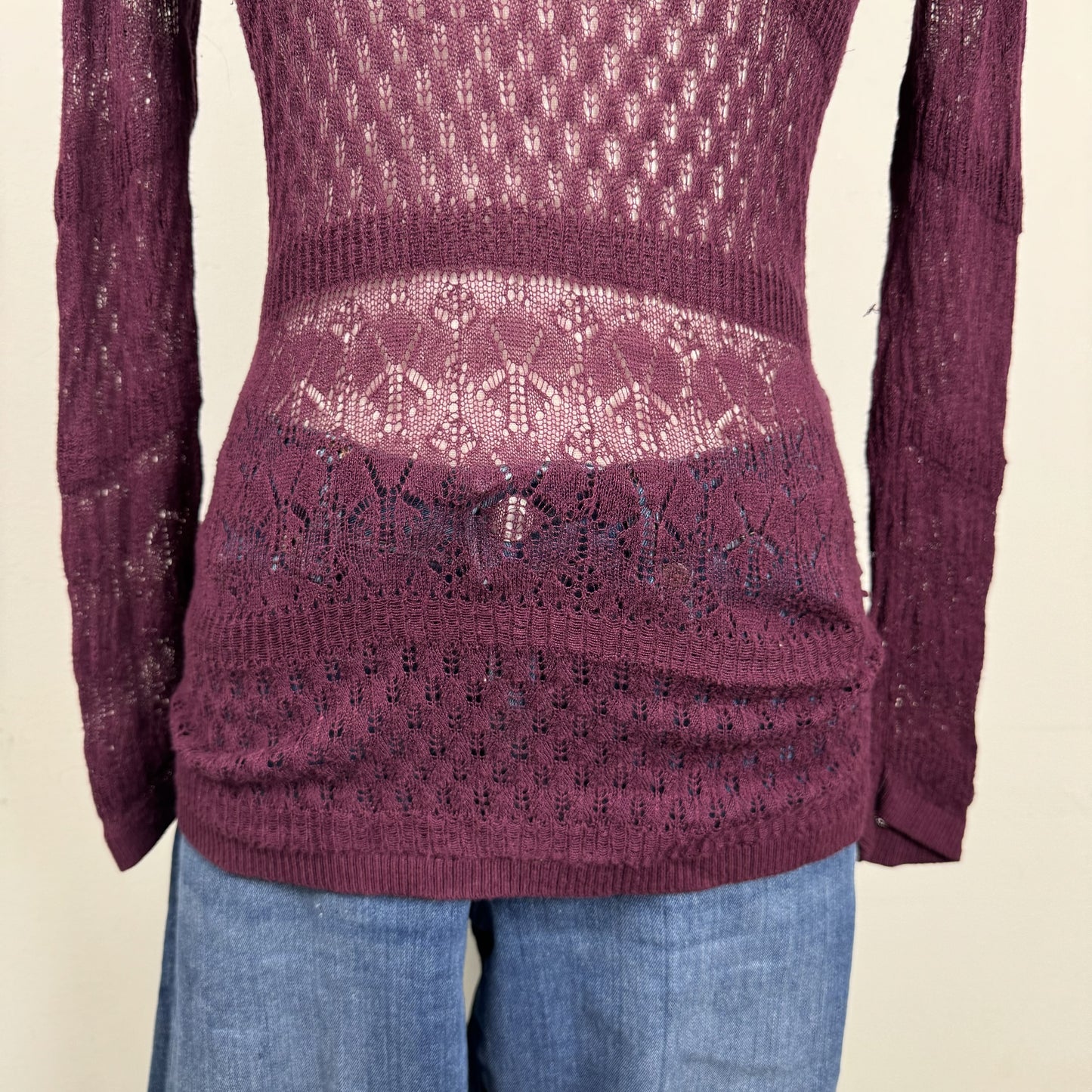 Burgundy Open Knit Semi Sheer Thin Sweater – view 6