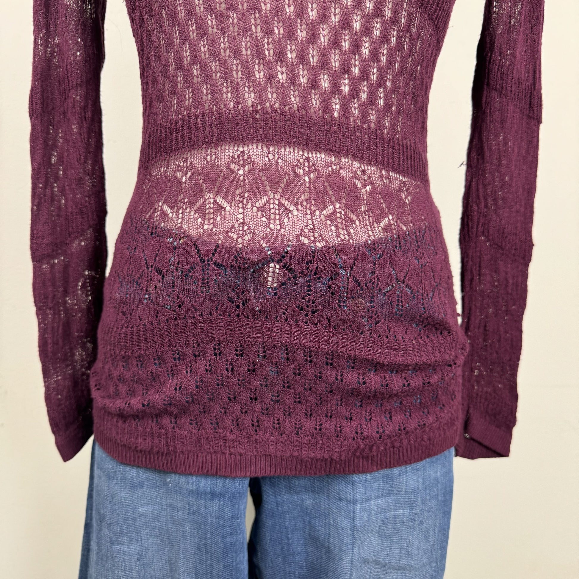 Burgundy Open Knit Semi Sheer Thin Sweater – view 6