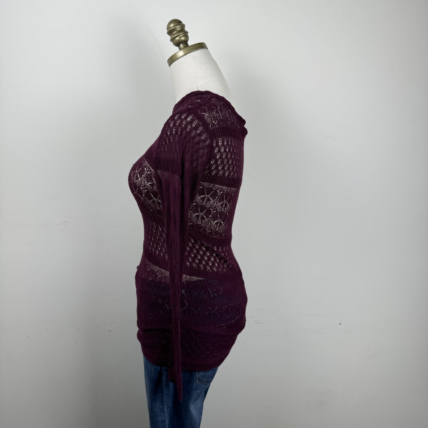 Burgundy Open Knit Semi Sheer Thin Sweater – view 7