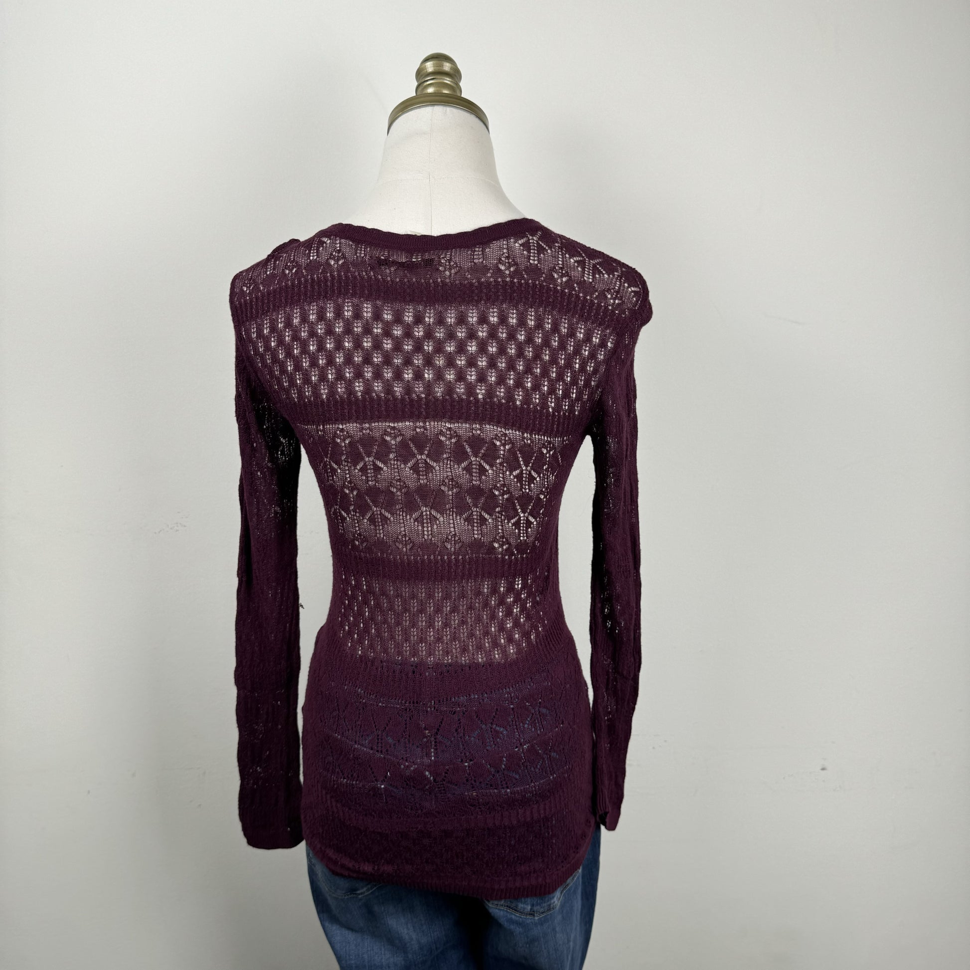 Burgundy Open Knit Semi Sheer Thin Sweater – view 8