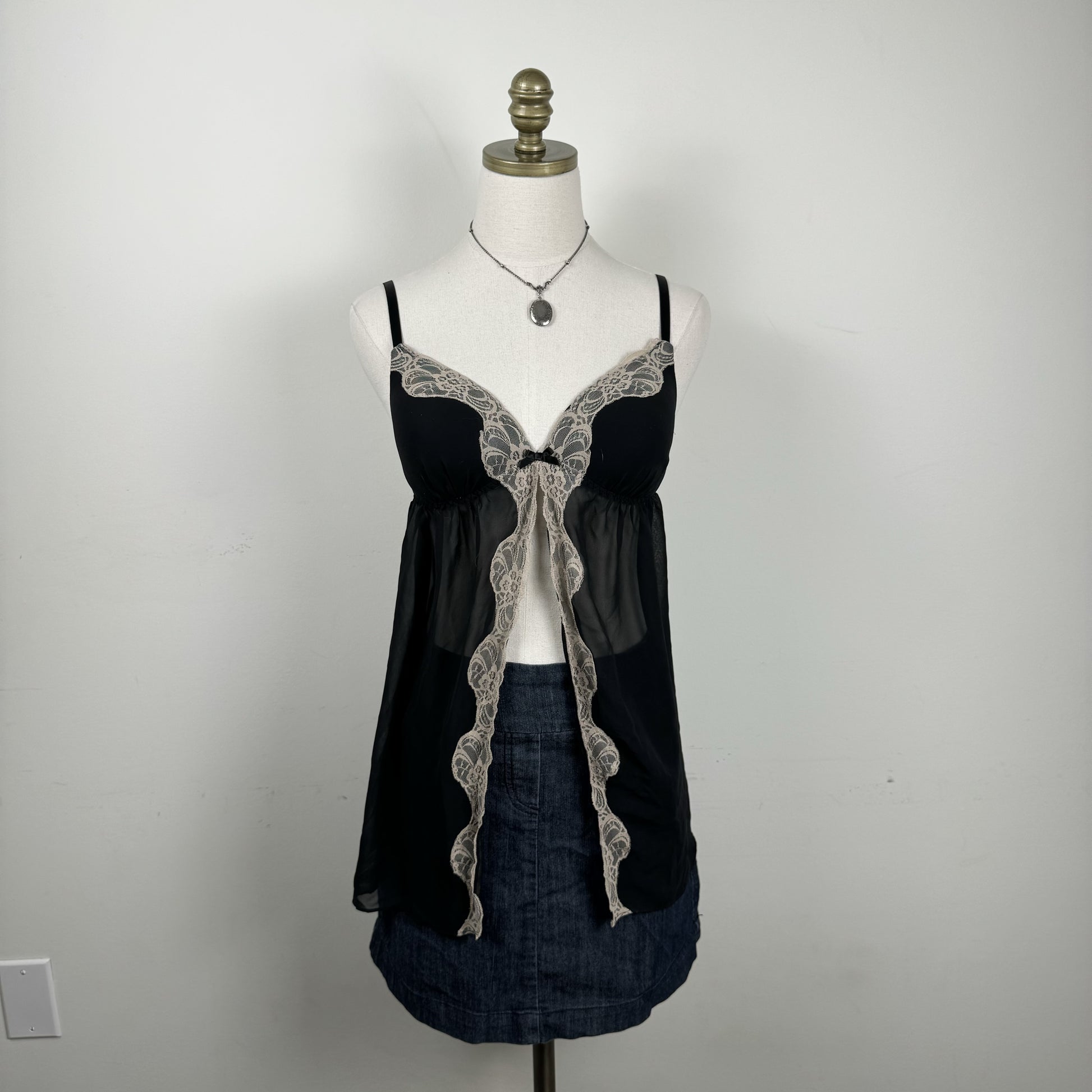 Black Lace Trim Chiffon Babydoll Top – view 4