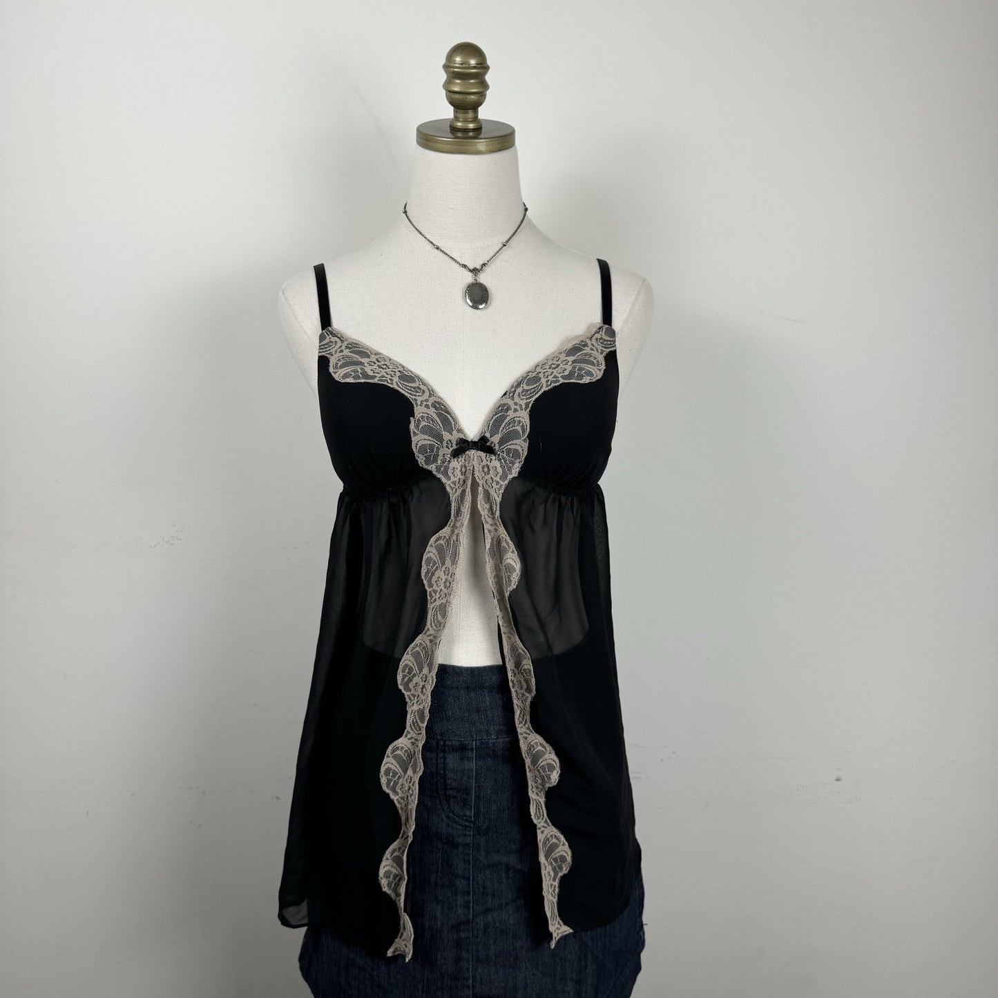 Black Lace Trim Chiffon Babydoll Top – view 5