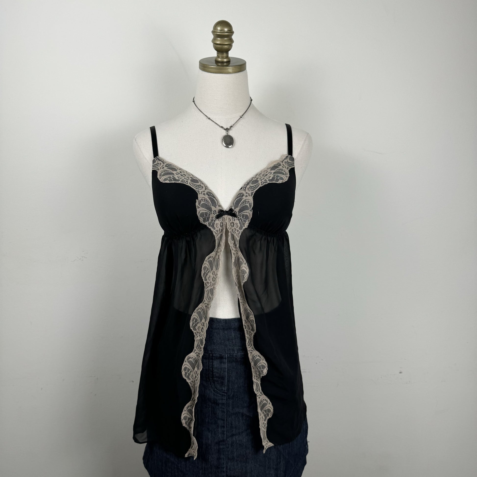 Black Lace Trim Chiffon Babydoll Top – view 5