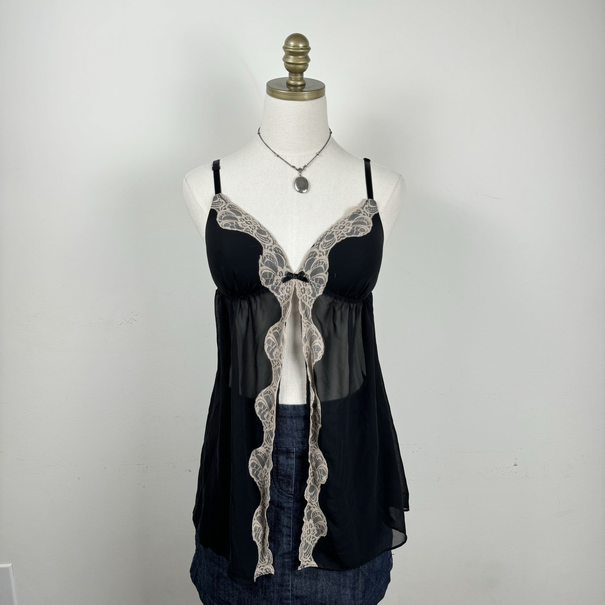 Black Lace Trim Chiffon Babydoll Top – view 8